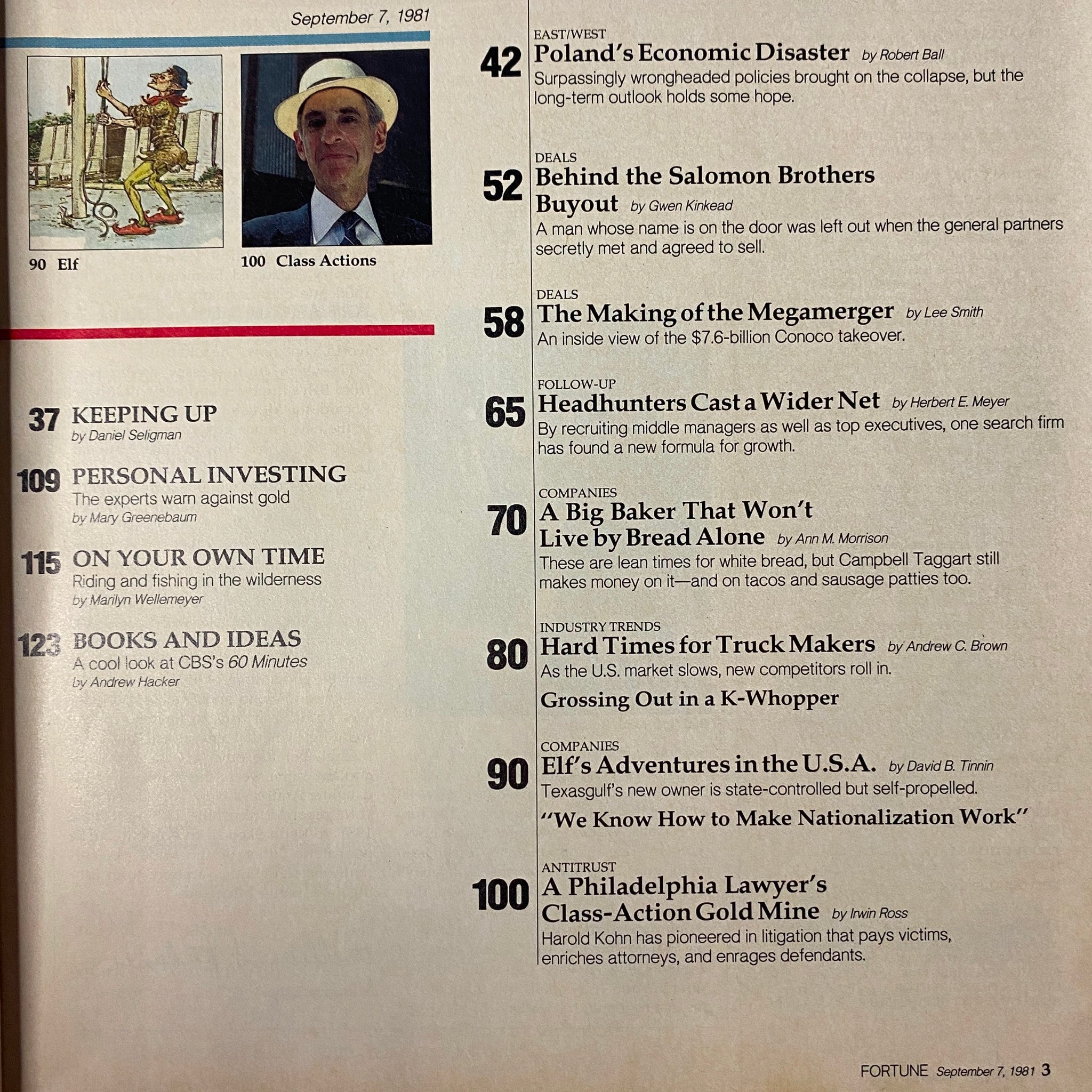 Table of contents from Fortune Magazine September 7, 1981, highlighting articles including 'Hard Times for Truck Makers' with sections on economic trends and industry analysis.