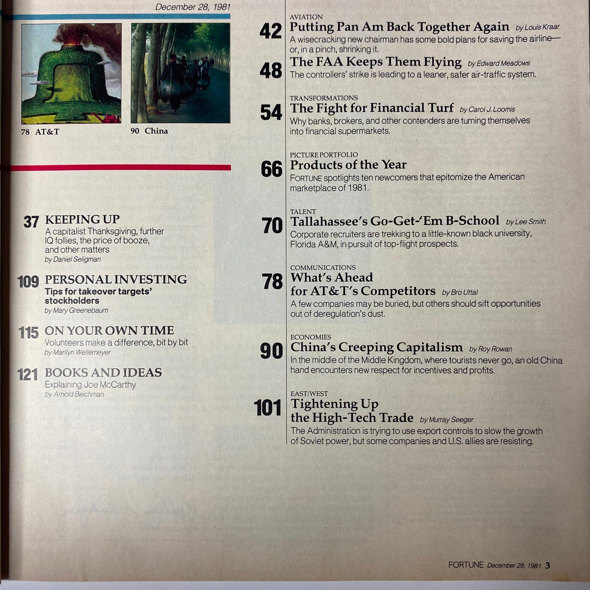 Interior page spread from Fortune Magazine December 28, 1981, featuring a table of contents with articles on corporate topics including AT&T, China, and Pan Am's challenges.