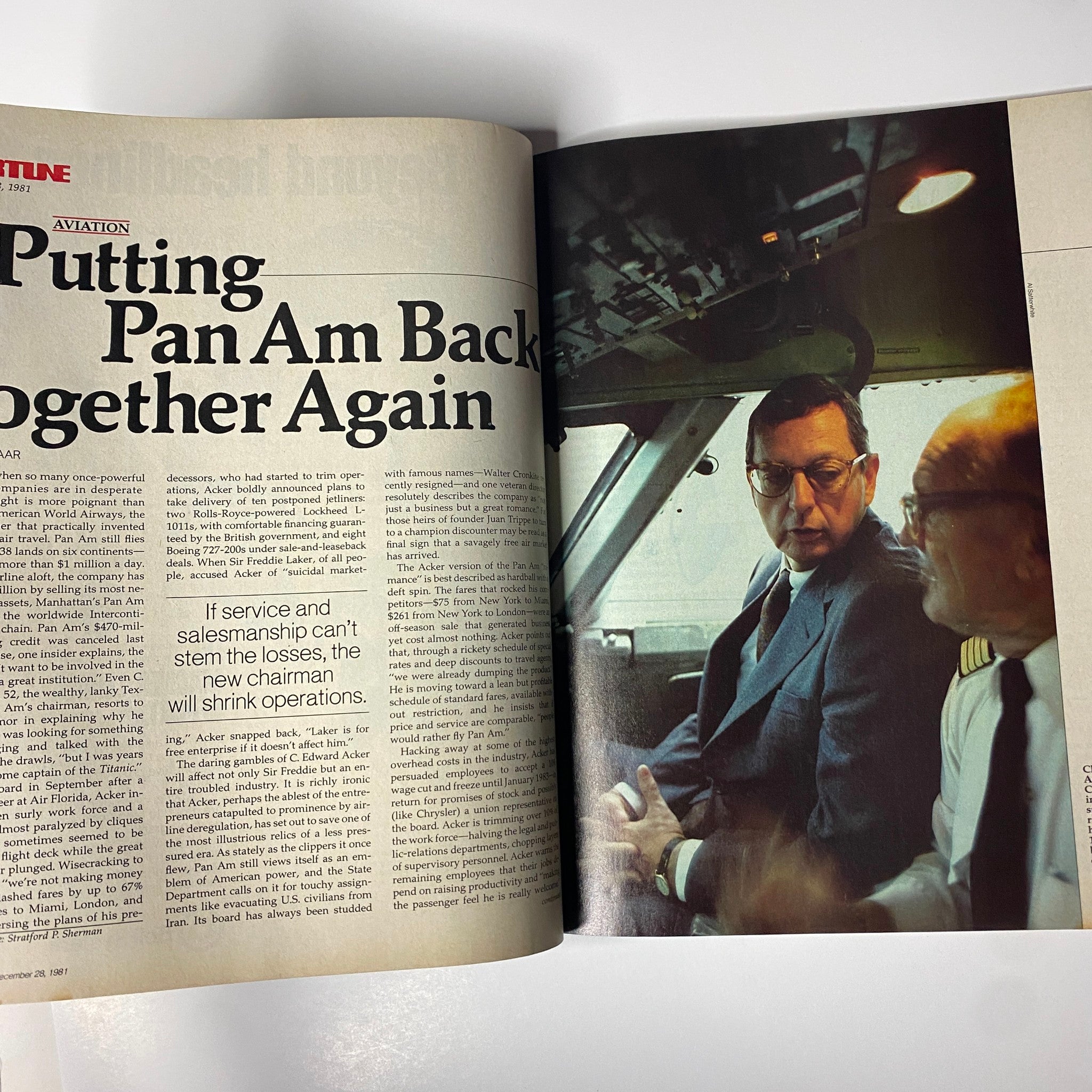 Article page from Fortune Magazine December 28, 1981, titled 'Putting Pan Am Back Together Again', discussing the airline's restructuring efforts amid financial struggles.