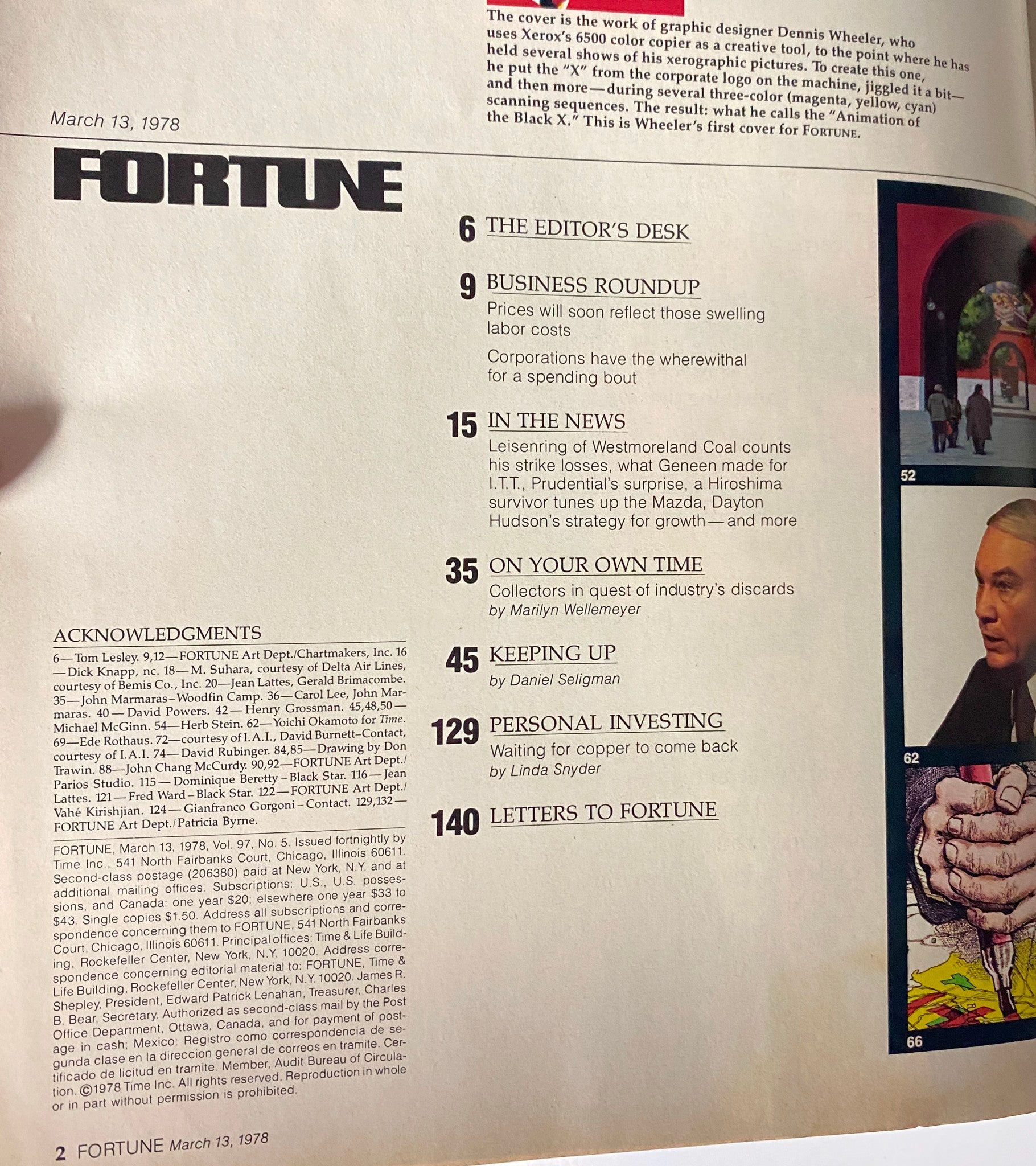 Table of contents page from Fortune Magazine, March 13, 1978, listing features including "Business Roundup" and "In the News" with a focus on various corporate topics.