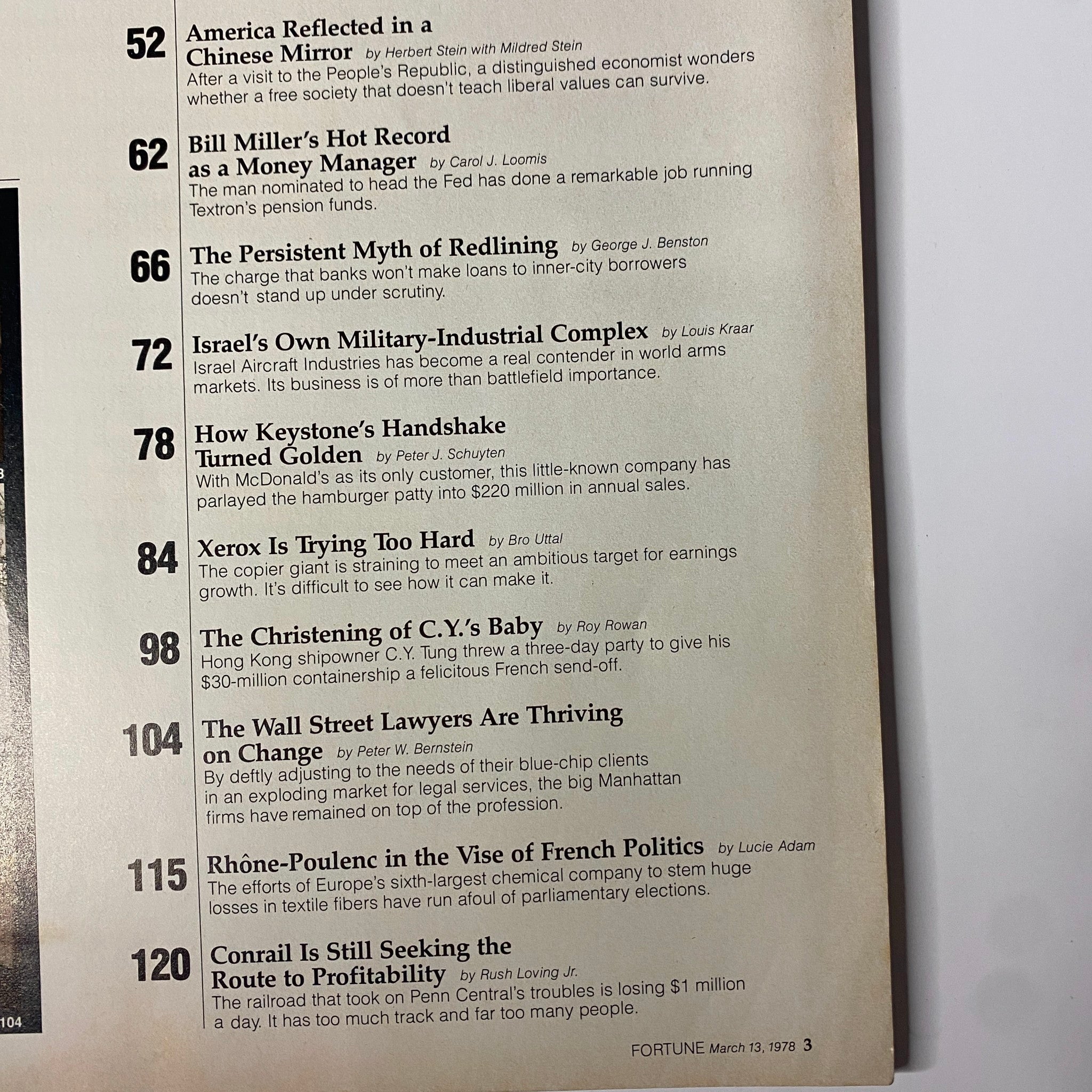 Editorial page from Fortune Magazine, March 13, 1978, discussing pivotal business themes and articles including the economic landscape of the 1970s.