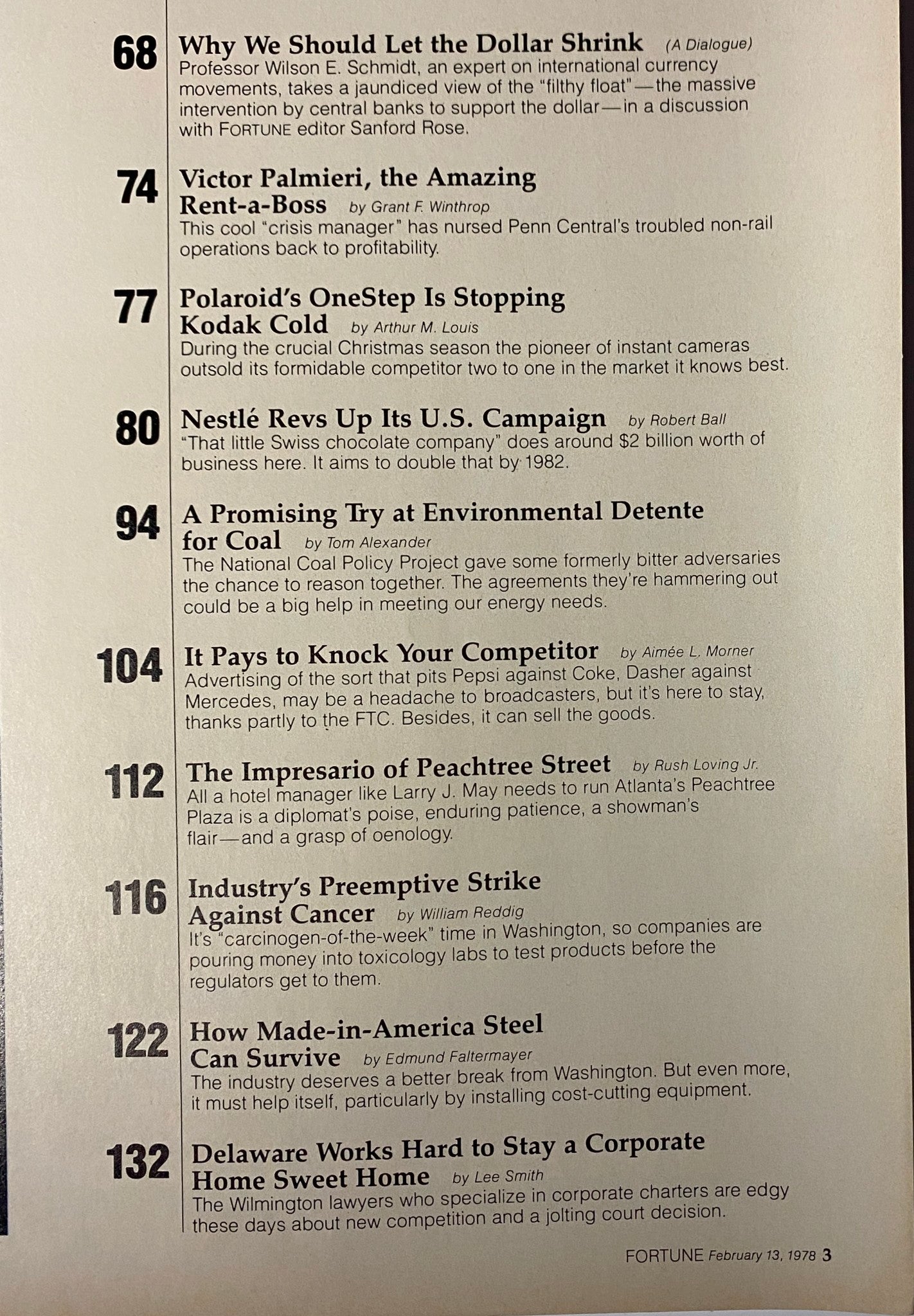 Fortune Magazine page from February 13, 1978, listing articles including 'Why We Should Let the Dollar Shrink' and 'A Promising Try at Environmental Detente for Coal,' illustrating economic discussions of the time.