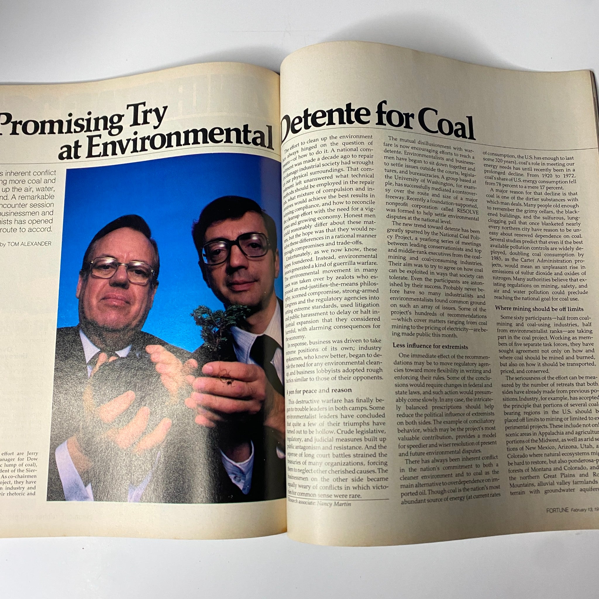 Magazine spread from Fortune Magazine February 13, 1978, featuring an article titled 'A Promising Try at Environmental Detente for Coal,' with two individuals holding a small plant and coal.