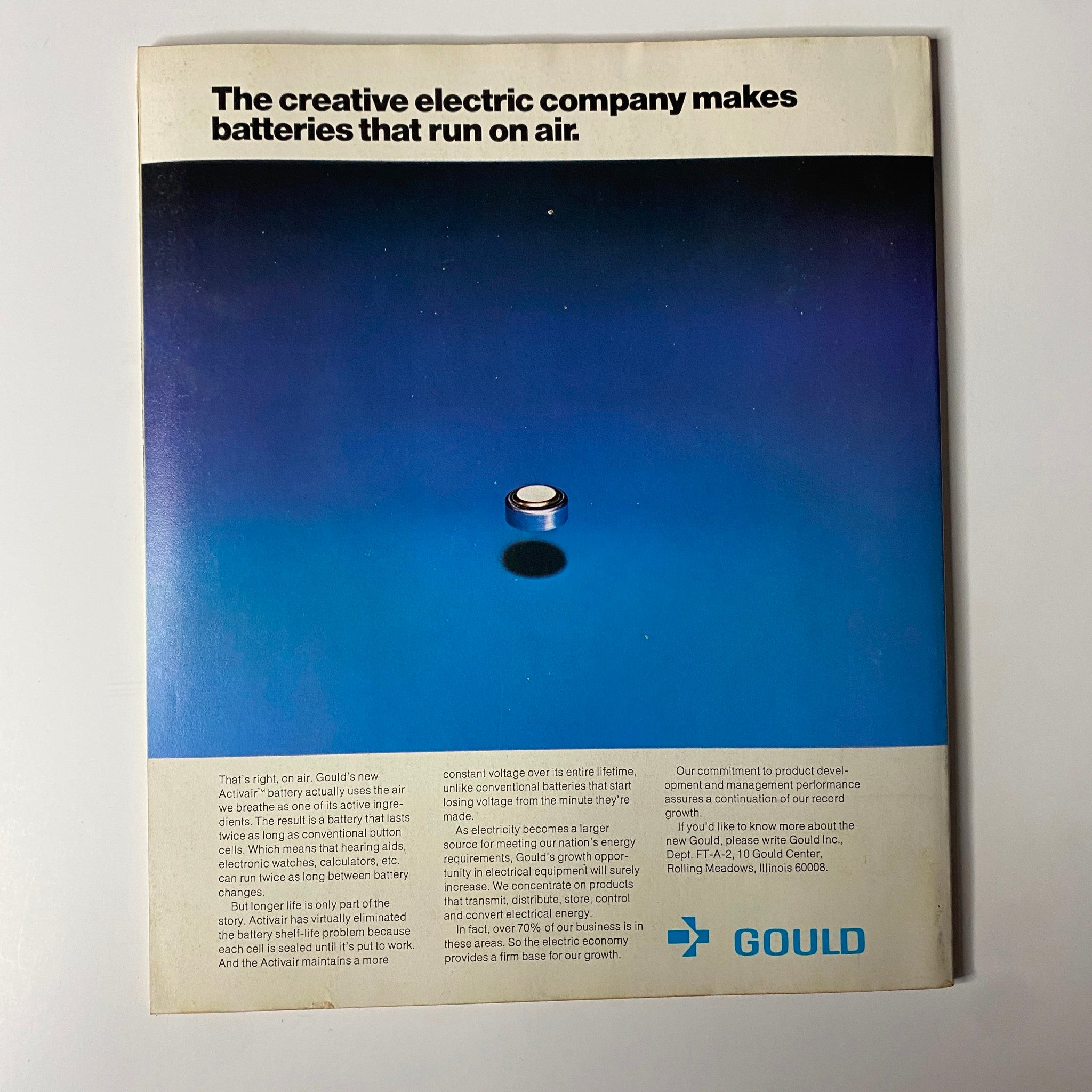 Back cover of Fortune Magazine from February 13, 1978, advertising Gould's new Activair battery that operates on air, contributing to sustainable energy solutions.