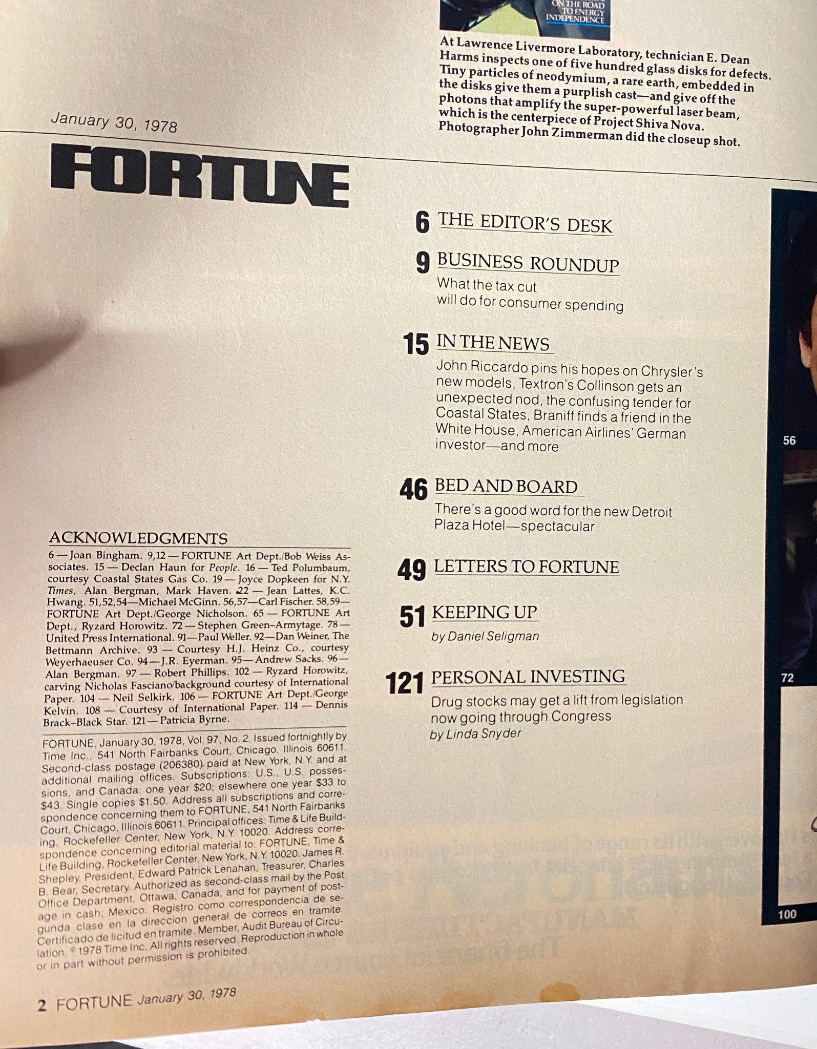 Table of contents from Fortune Magazine January 30, 1978, showcasing featured articles including 'Business Roundup' and 'Personal Investing.'