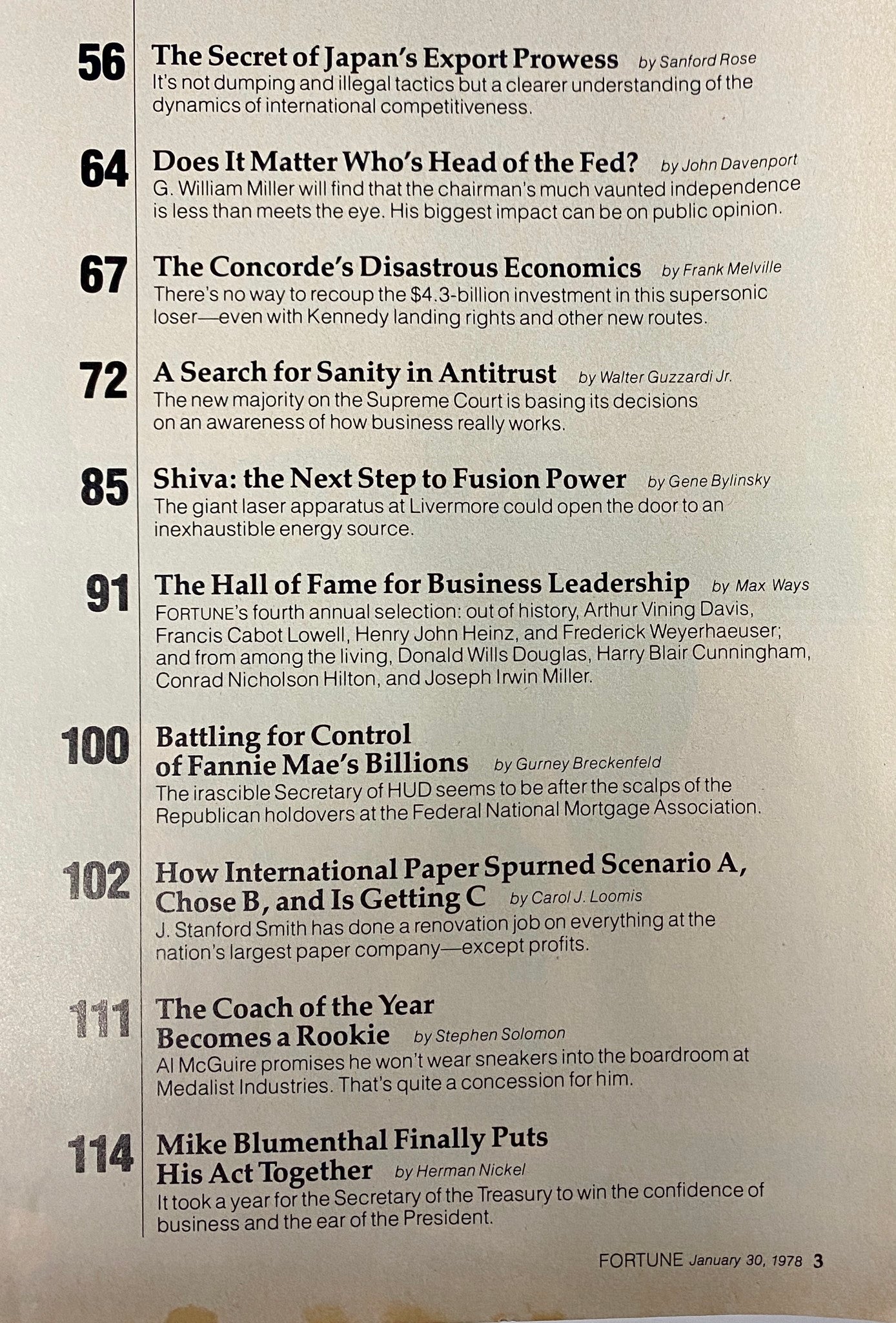 Contents page of Fortune Magazine January 30, 1978, listing key articles such as 'The Secret of Japan’s Export Prowess' and 'Shiva: The Next Step to Fusion Power.'