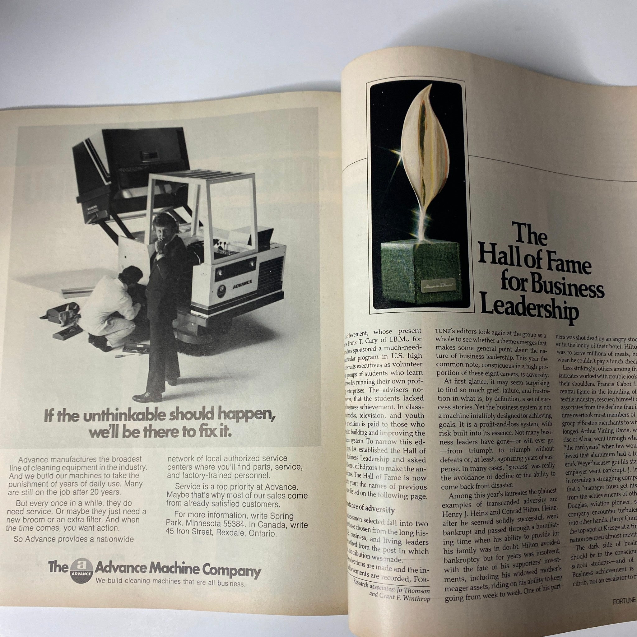 Inside spread of Fortune Magazine January 30, 1978, featuring the article 'The Hall of Fame for Business Leadership' with related imagery.