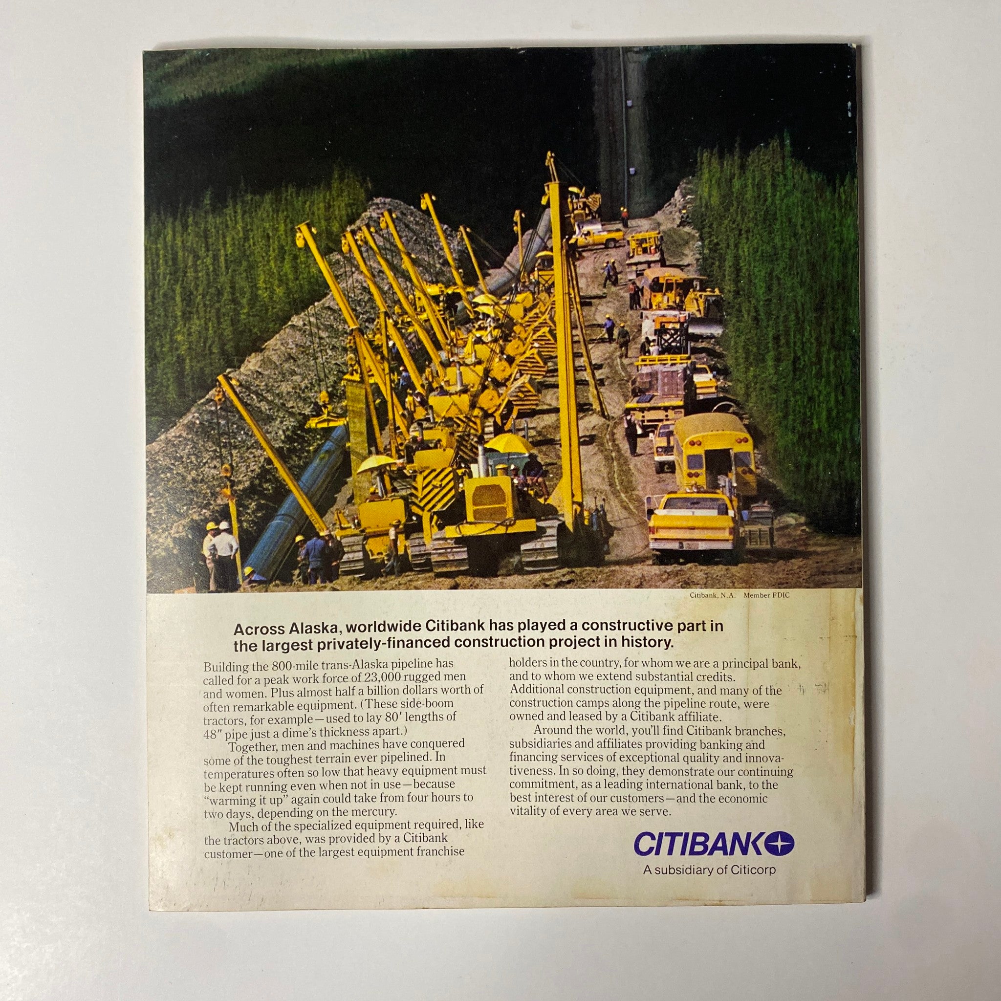Back cover of Fortune Magazine January 30, 1978, showcasing a large construction project related to Citibank's financing efforts in Alaska.