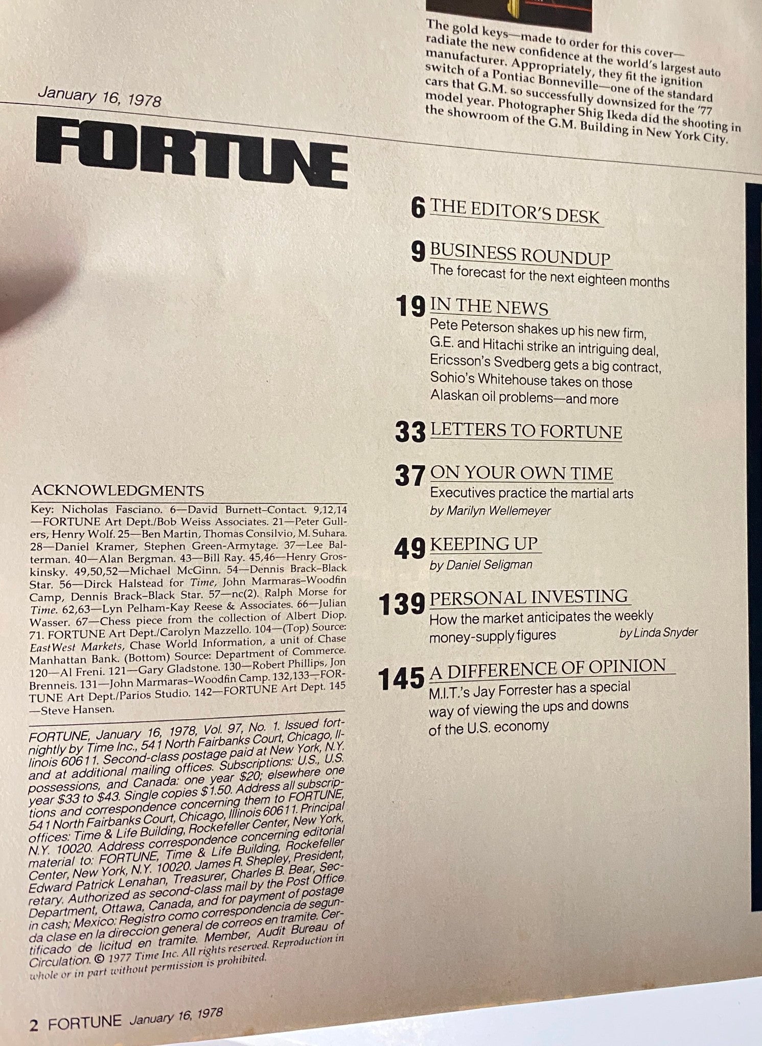 Page 2 of Fortune Magazine January 16, 1978, showcasing the table of contents with articles including 'The Editor's Desk' and 'Business Roundup'.