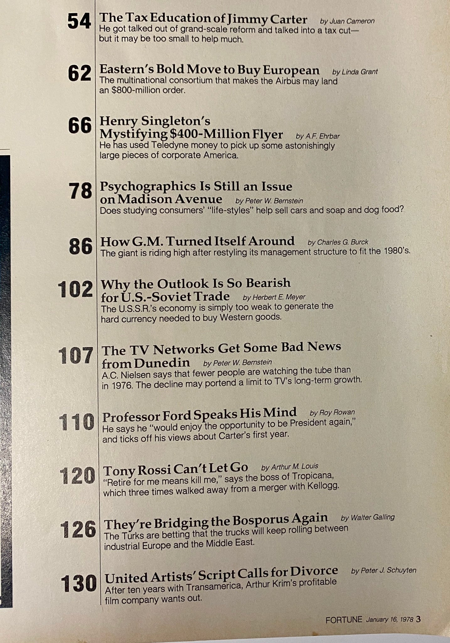 Page listing various articles in Fortune Magazine January 16, 1978, including pieces on U.S.-Soviet trade and personal investing.