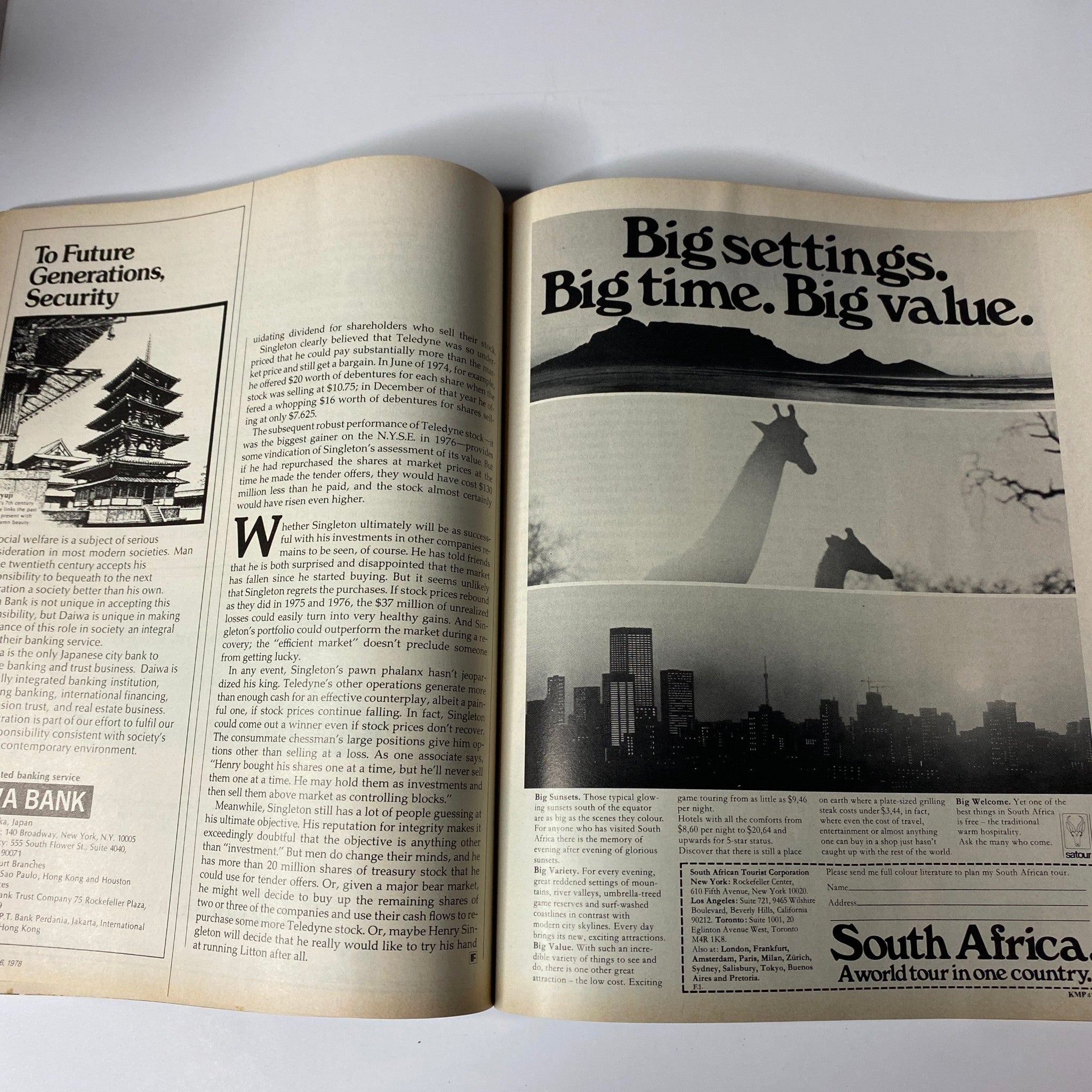 A spread from Fortune Magazine January 16, 1978, featuring articles, including a piece on corporate perspectives with captivating images.
