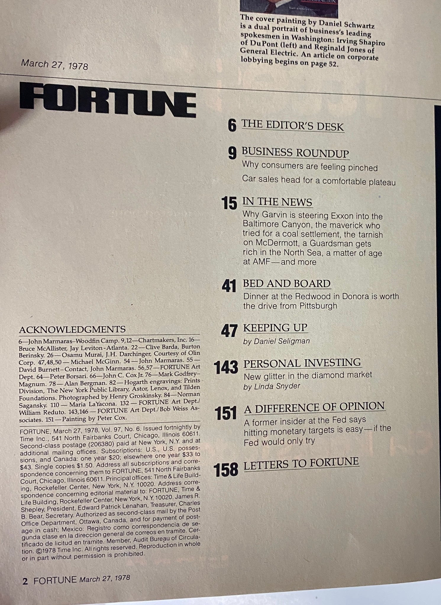 Inside page of Fortune Magazine March 27, 1978, displaying the table of contents with article highlights relevant to consumer economics and corporate reporting.