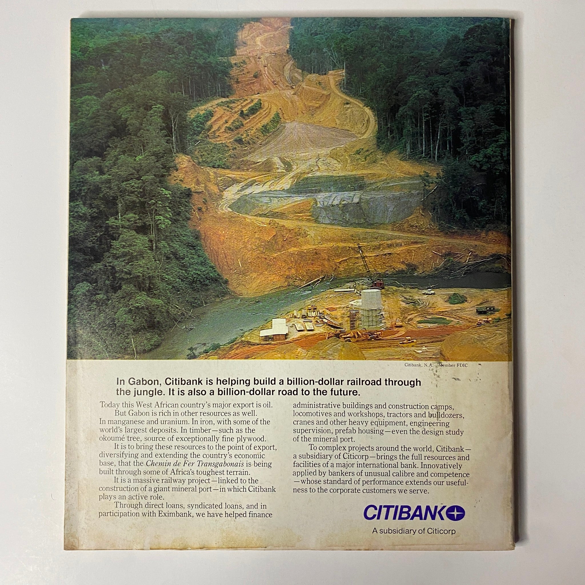 Back cover of Fortune Magazine March 27, 1978, featuring an advertisement by Citibank related to infrastructure development projects in Gabon.