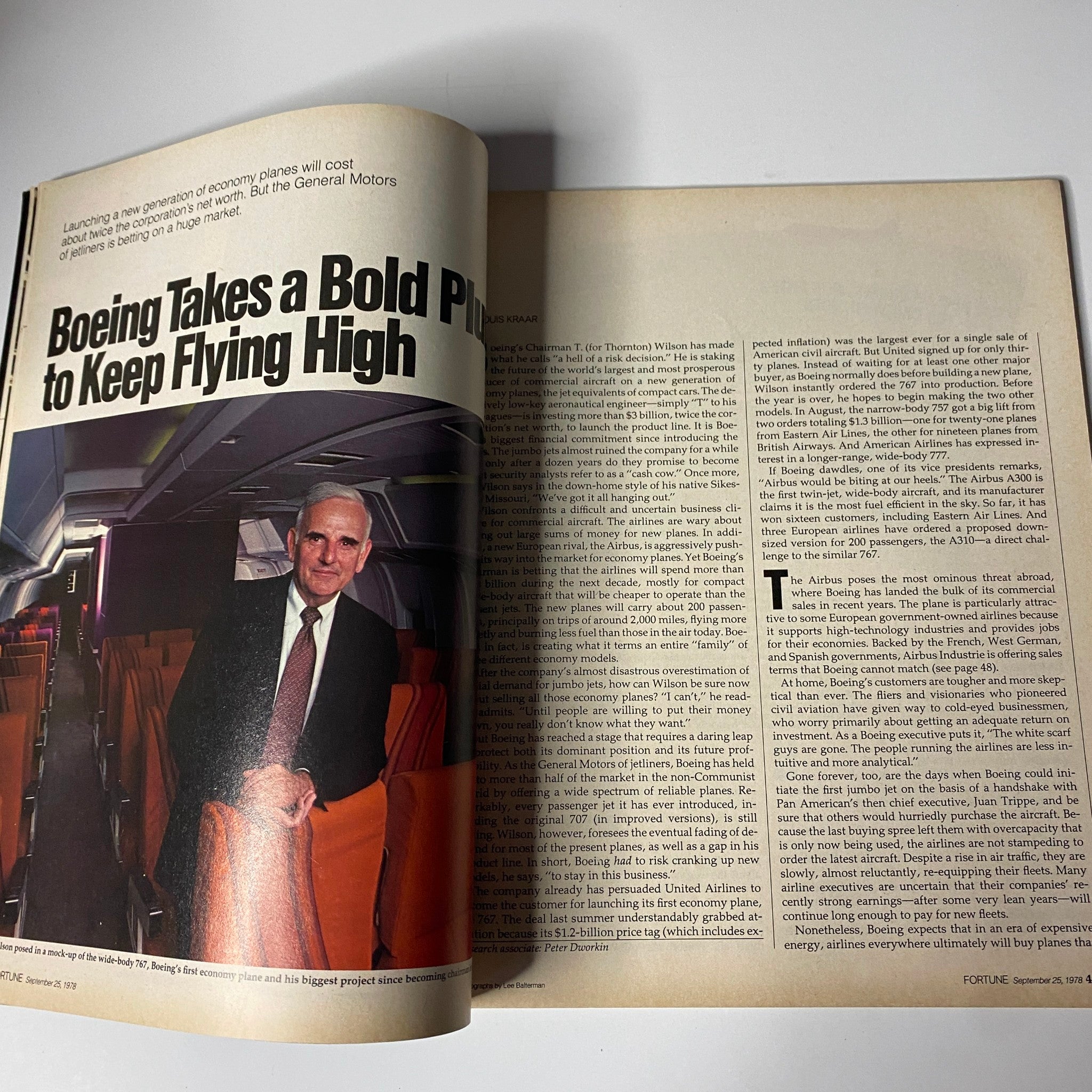 Interior page from Fortune Magazine, September 25, 1978, showcasing an article related to Boeing and its impact on the market, featuring text and images of airplane designs.