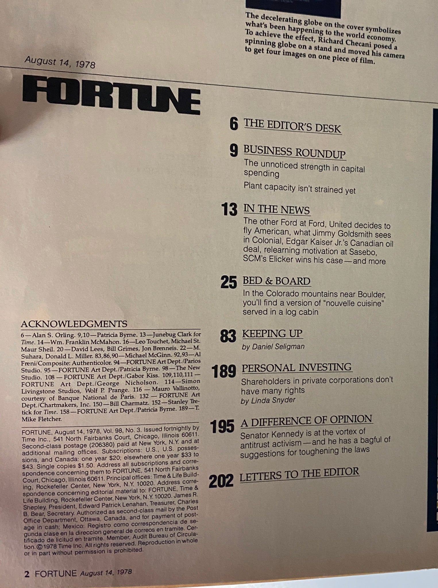 Inside page of Fortune Magazine August 14, 1978 showcasing the table of contents and editor's desk, highlighting articles on economic insights and business trends.