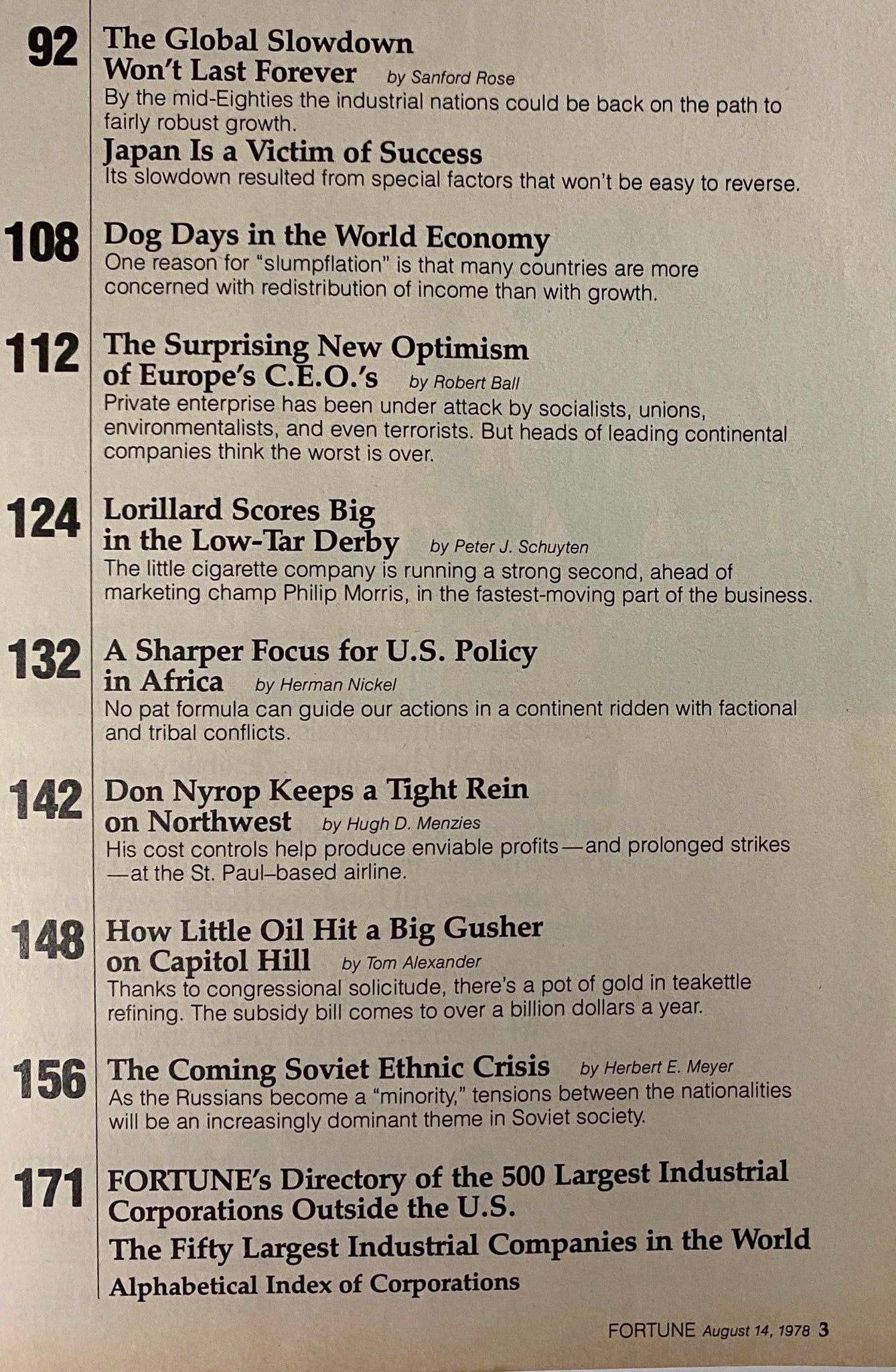 Page from Fortune Magazine August 14, 1978 listing feature articles including insights on global economic slowdown and corporate strategies.