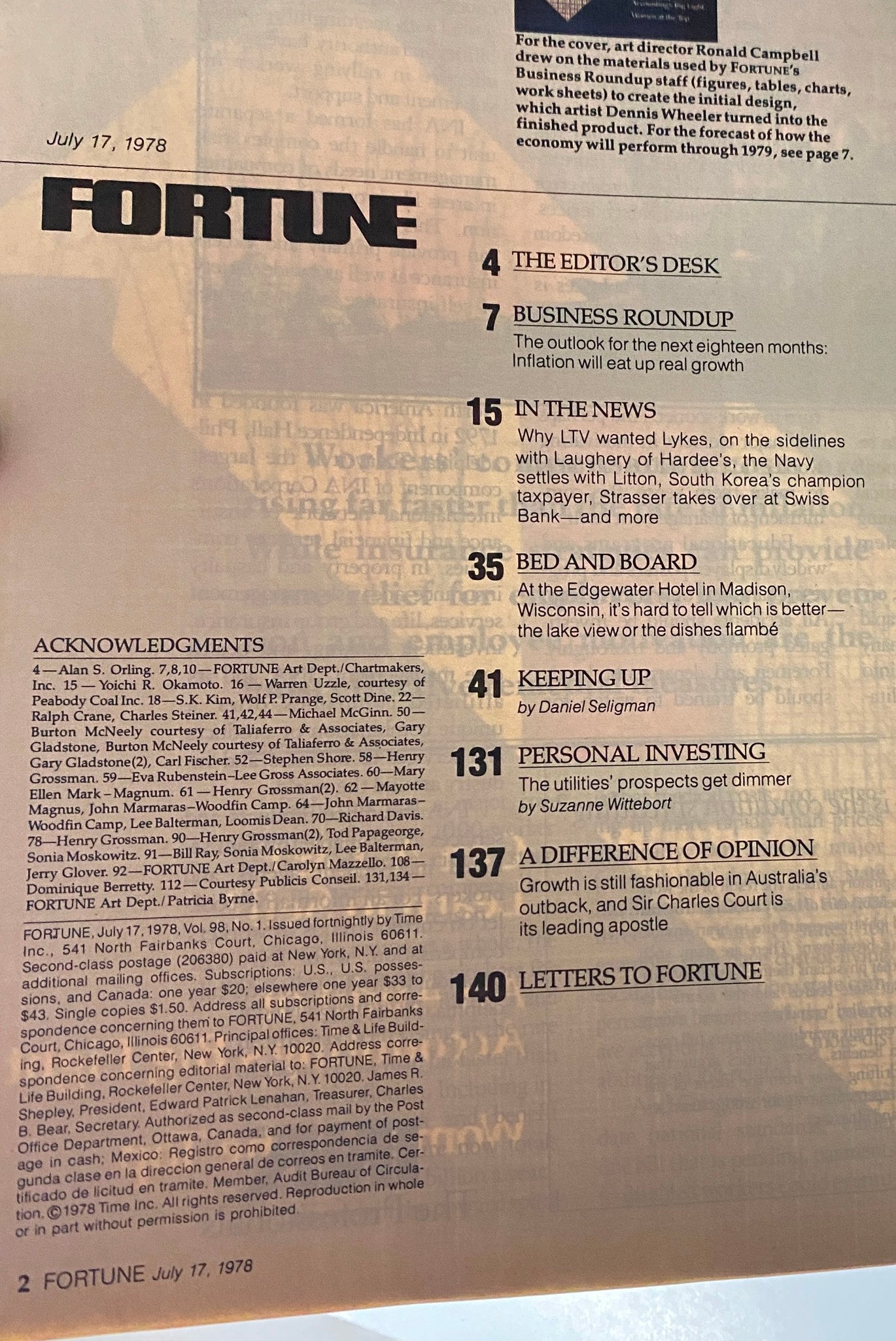 Table of contents page from Fortune Magazine July 17, 1978, showcasing featured articles and sections including 'The Economic Forecast for the Next 18 Months'.