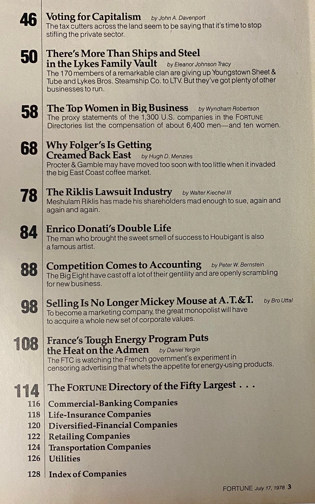 Detailed contents page of Fortune Magazine July 17, 1978, listing various articles related to business and economy.