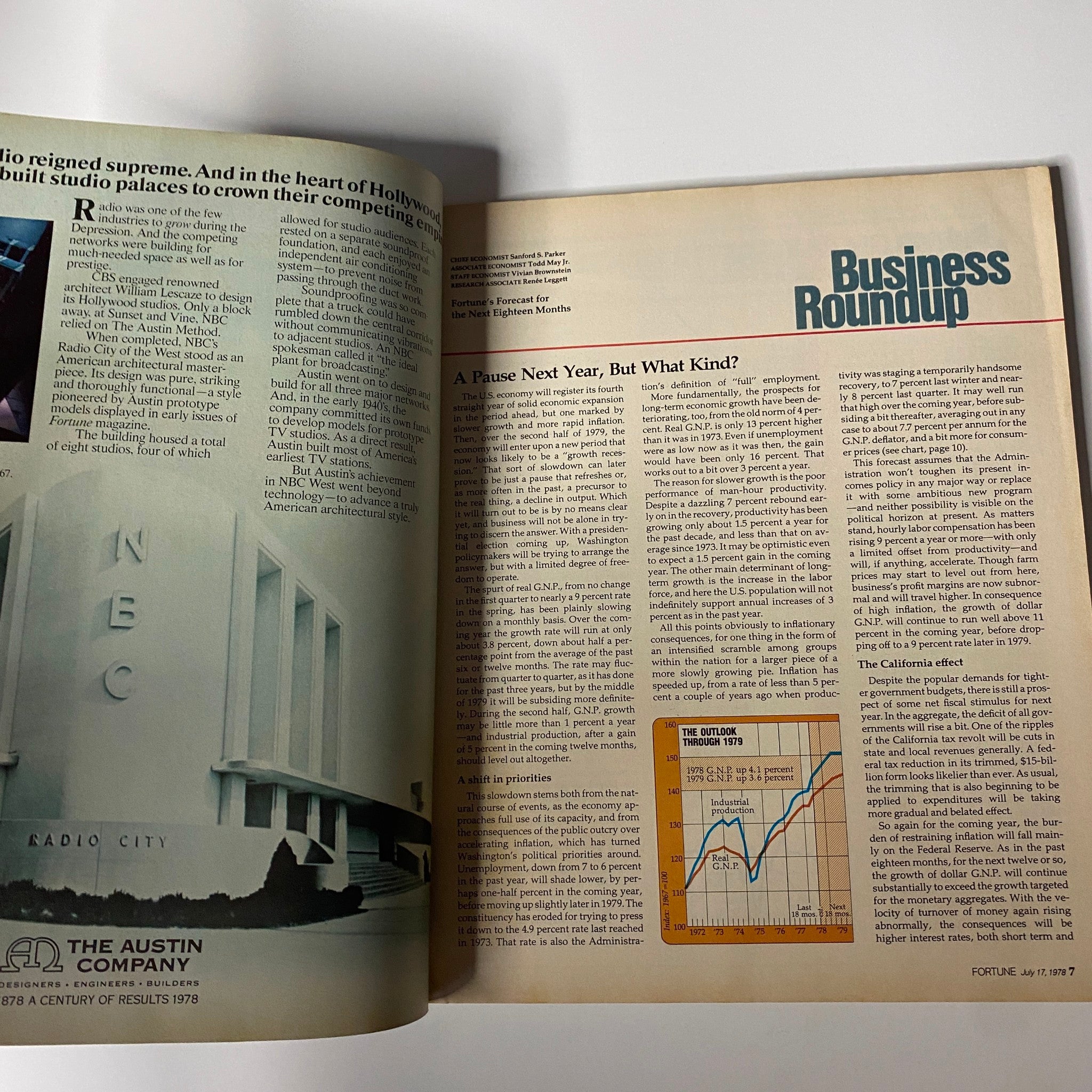 Open spread of Fortune Magazine July 17, 1978, showcasing the 'Business Roundup' section with economic analysis and projections.
