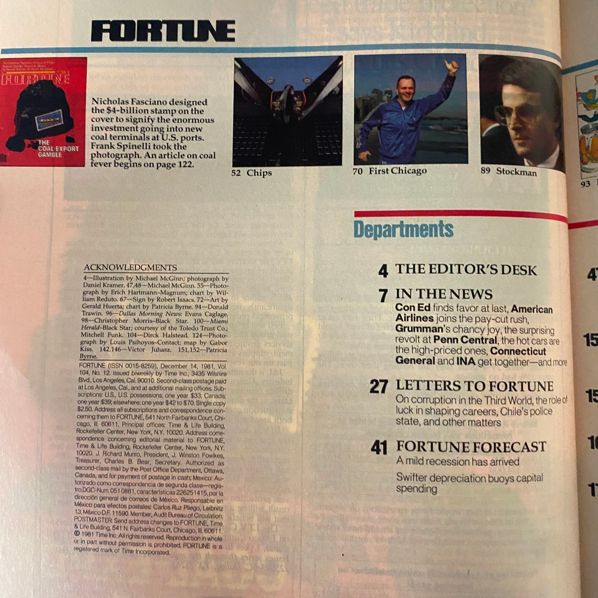 Table of contents page from Fortune Magazine December 13, 1982, listing articles including 'The Coal-Export Gamble' and other significant topics of the time.