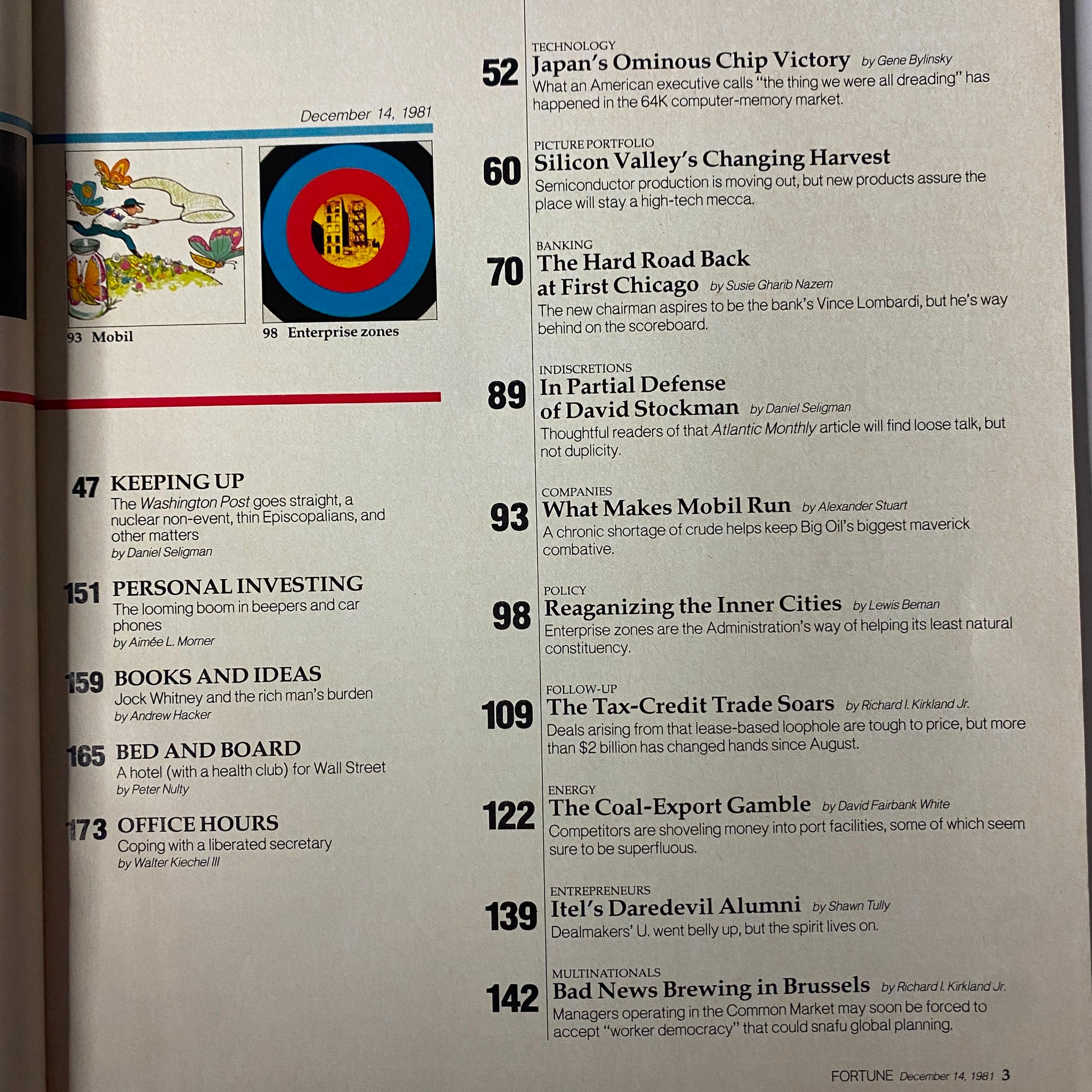 Table of contents from Fortune Magazine December 13, 1982 featuring articles including The Coal-Export Gamble, Japan's Ominous Chip Victory, and Energizing the Inner Cities.