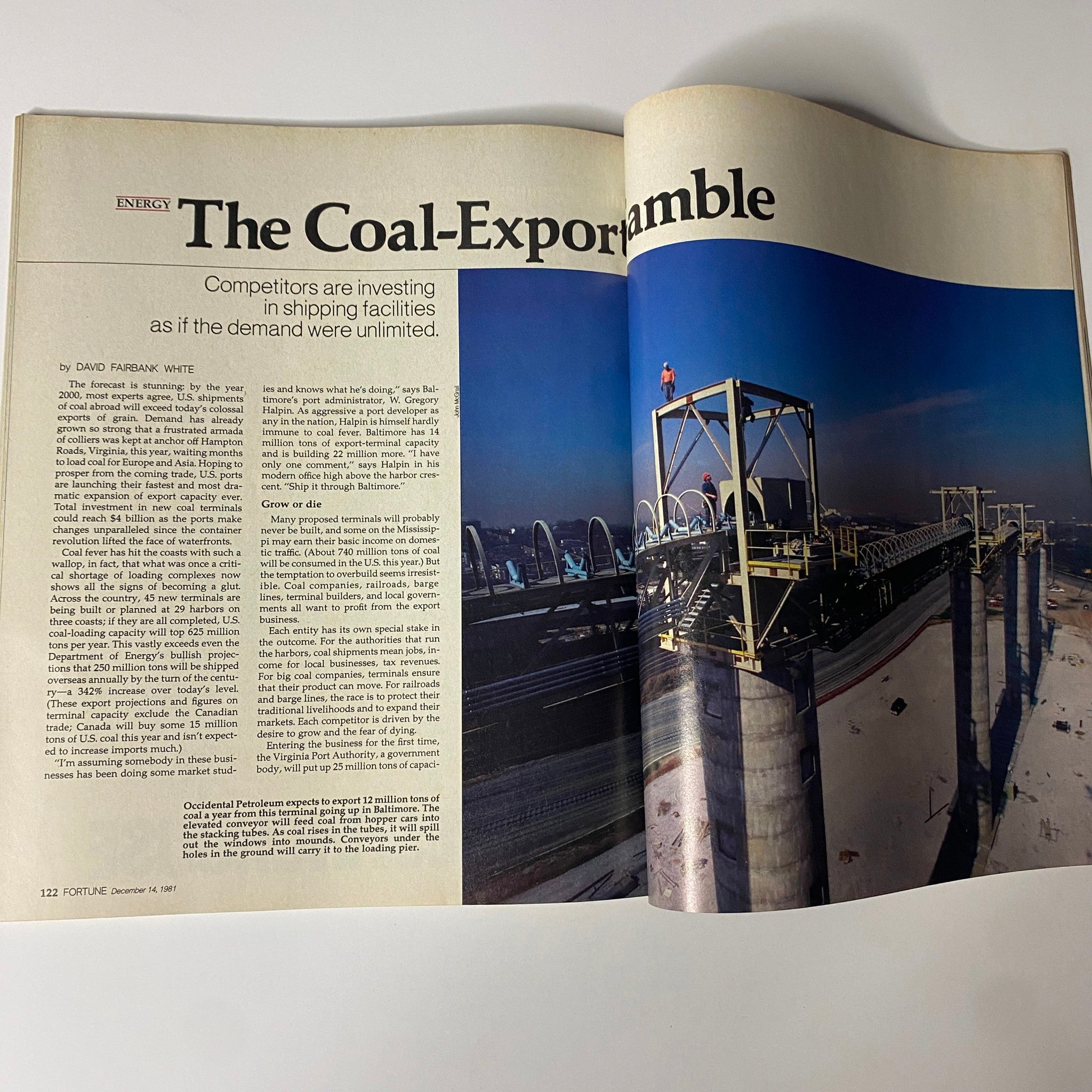 Inside page from Fortune Magazine December 13, 1982 detailing the article 'The Coal-Export Gamble' with insights on investment in shipping facilities.