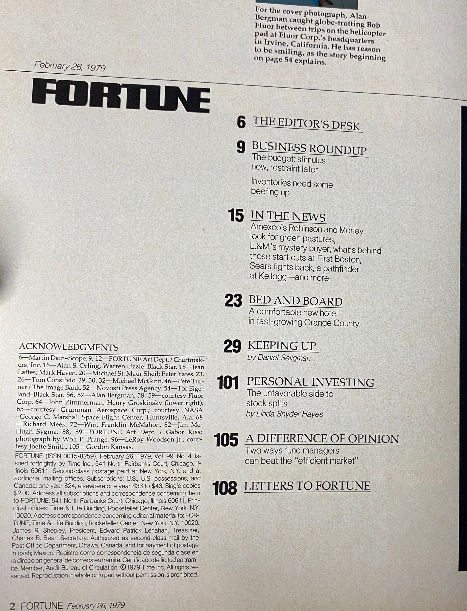 Table of contents from Fortune Magazine February 26, 1979, outlining key articles including business roundups, investment advice, and corporate news.
