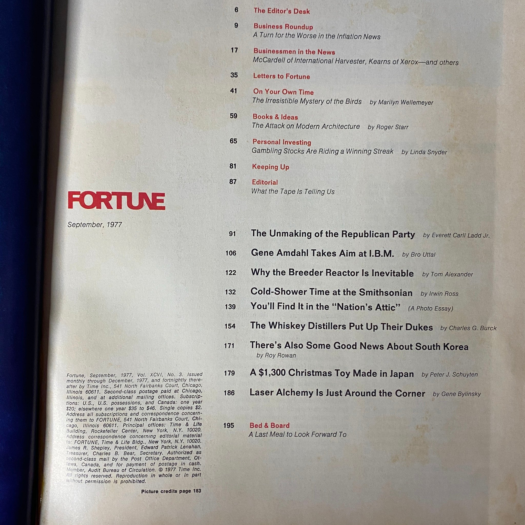 Contents page of Fortune Magazine, September 1977, listing featured articles including 'The Unmaking of the Republican Party' and 'Gene Amdahl Takes Aim at I.B.M.' with magazine branding.