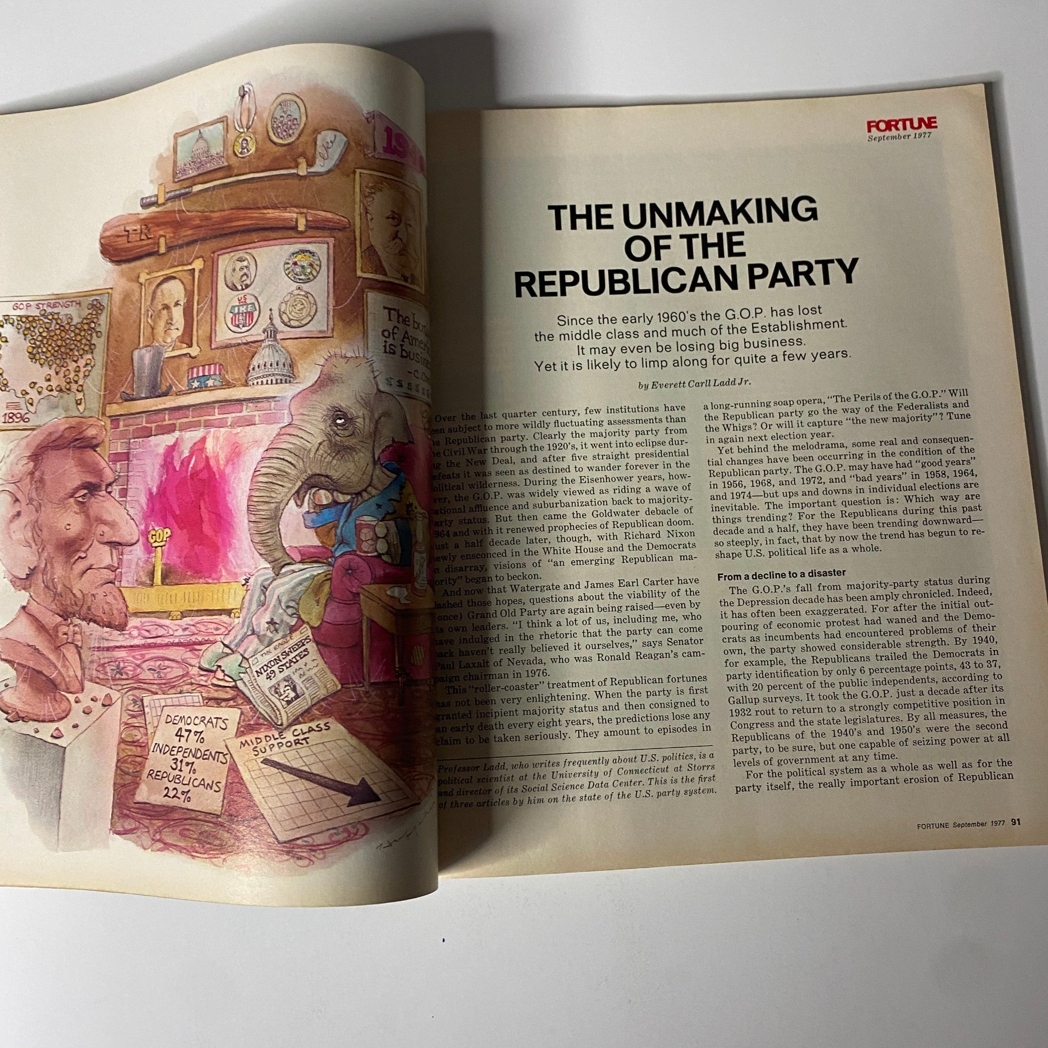 Interior page of Fortune Magazine, September 1977, showcasing the article 'The Unmaking of the Republican Party' with illustrated elements and an engaging headline.