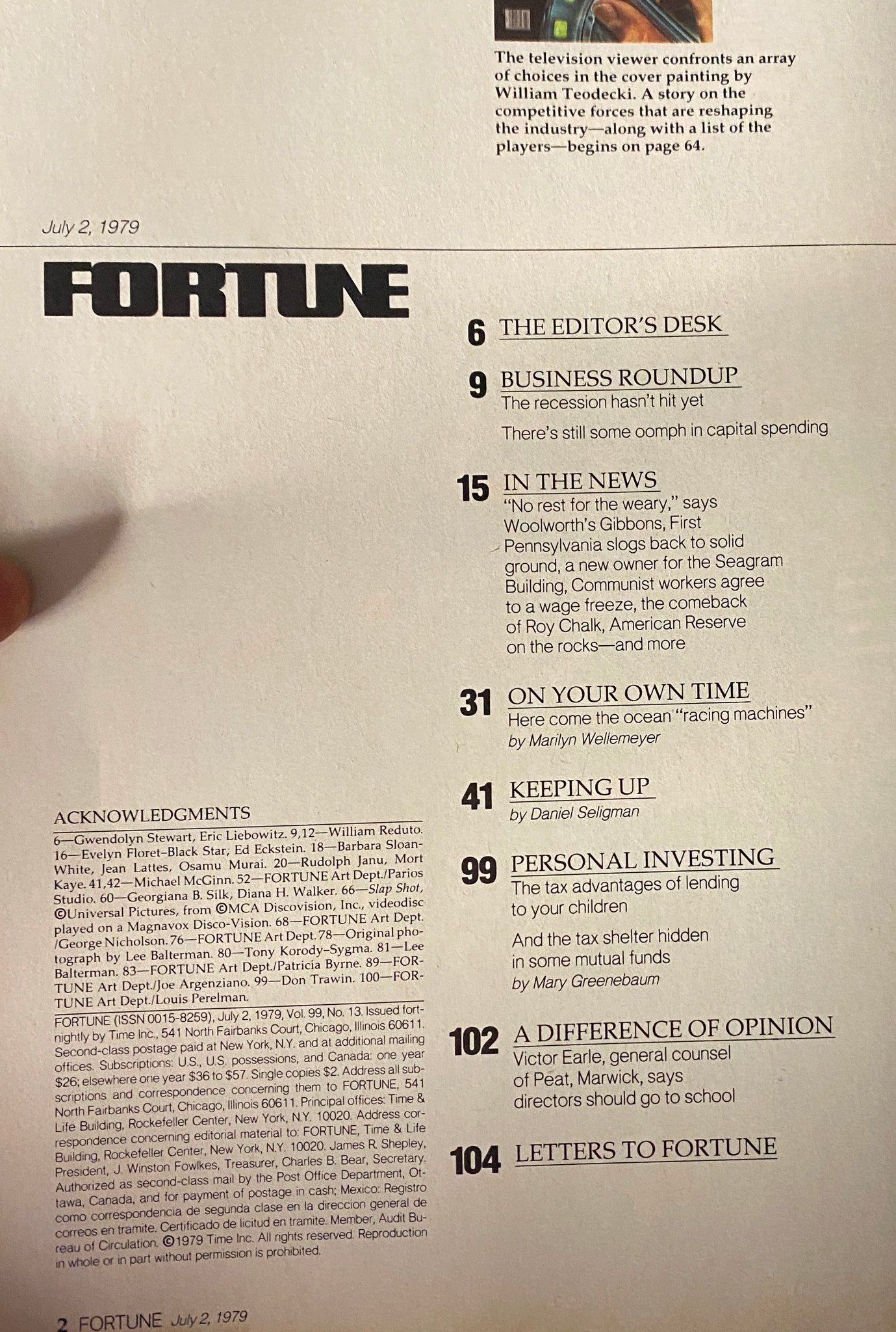 Table of contents page from Fortune Magazine, July 2, 1979, highlighting key sections and articles including 'Television's Expanding World'.