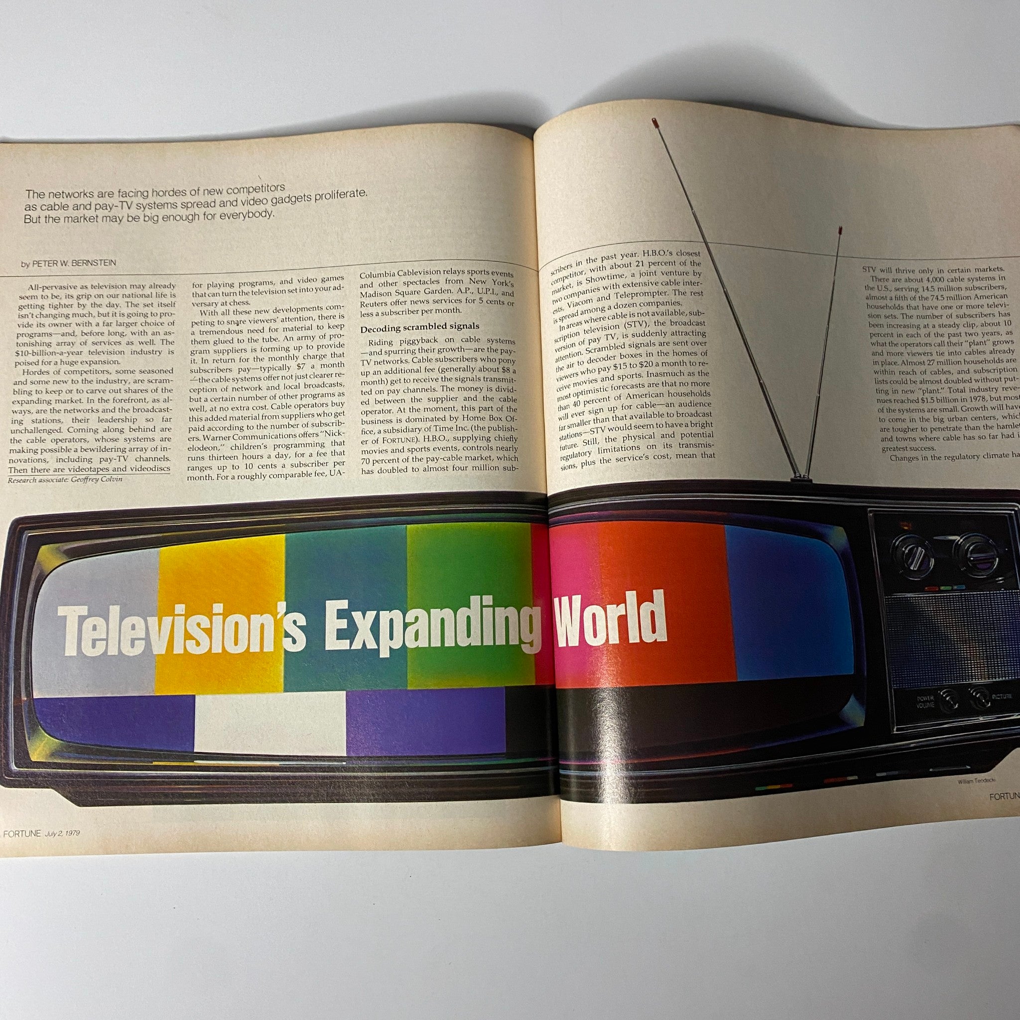 An article spread from Fortune Magazine, July 2, 1979, detailing the expansion of television, showcasing a graphic of a retro TV screen.