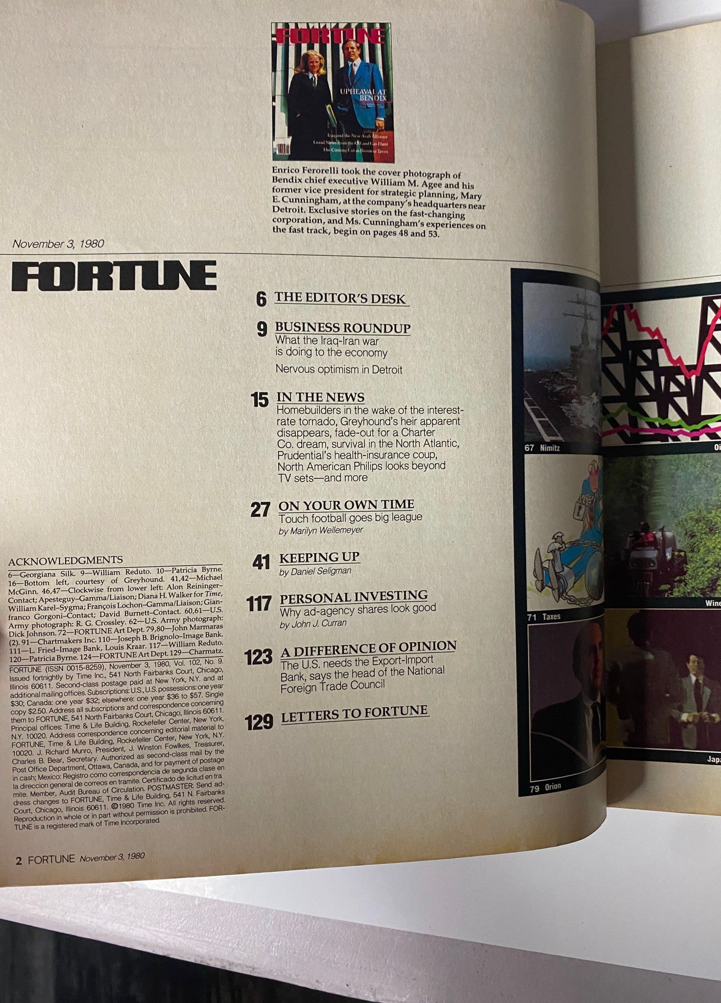 Interior page of Fortune Magazine dated November 3, 1980, featuring content highlights and articles related to business dynamics during a transformative period in corporate America.