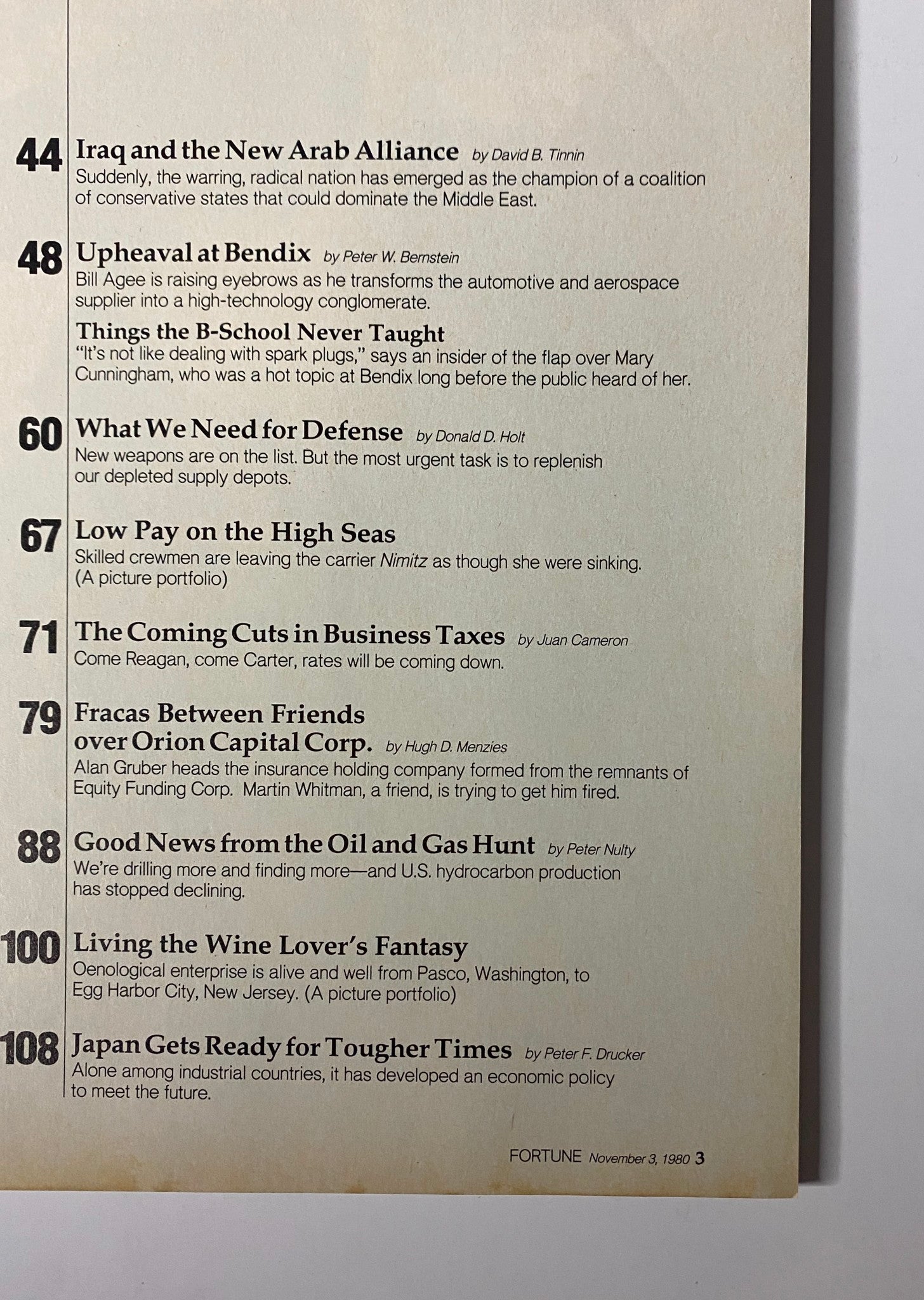 Contents page of Fortune Magazine from November 3, 1980, featuring articles such as 'Iraq and the New Arab Alliance,' 'Upheaval at Bendix,' and 'Fracas Between Friends over Orion Capital Corp.' Relevant to the title 'Fortune Magazine November 3, 1980 William Agee and Mary Cunningham VG.'