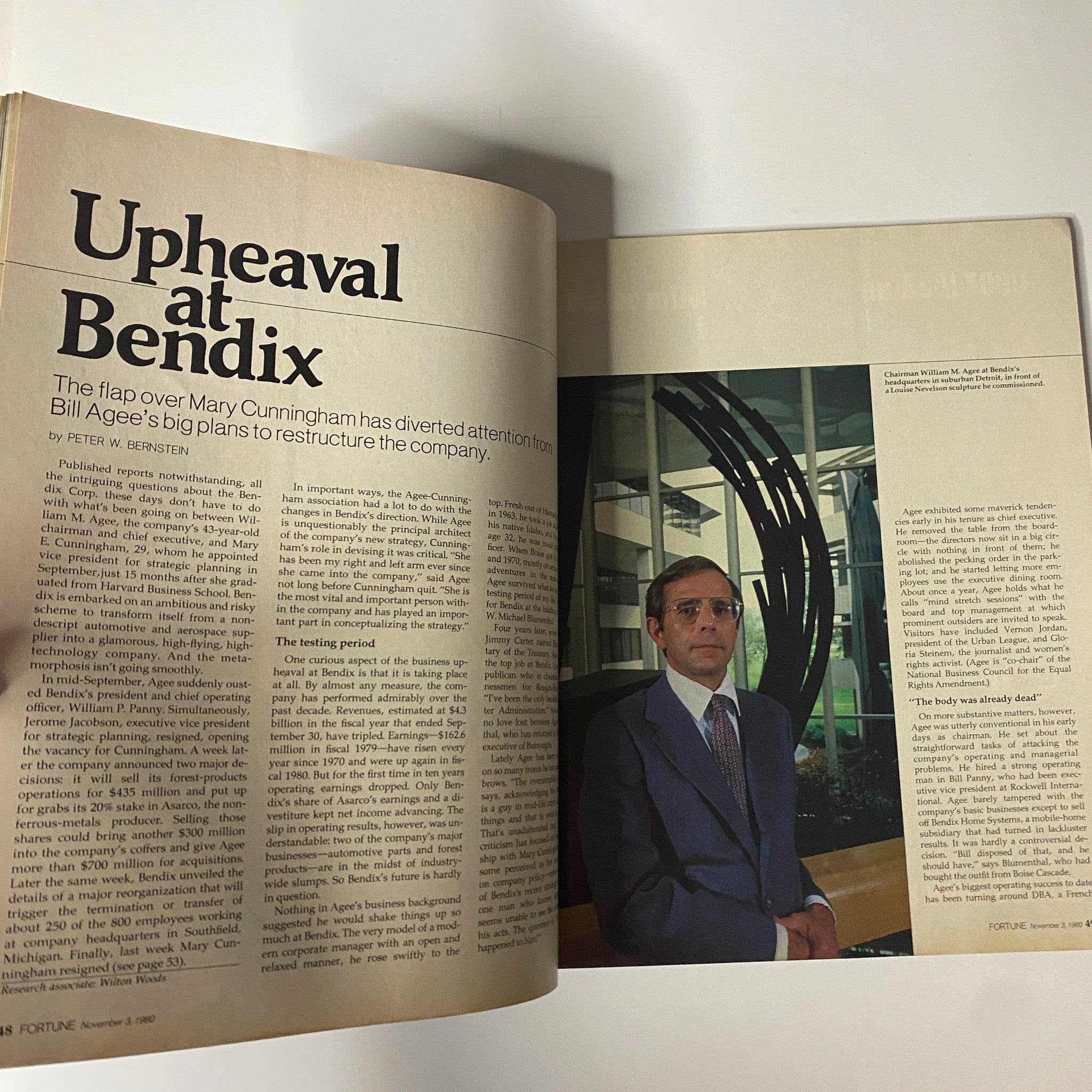 An article titled 'Upheaval at Bendix' from Fortune Magazine, November 3, 1980, discussing Bill Agee's restructuring plans and the controversy involving Mary Cunningham, depicting a pivotal moment in corporate history. Related to the title 'Fortune Magazine November 3, 1980 William Agee and Mary Cunningham VG.'
