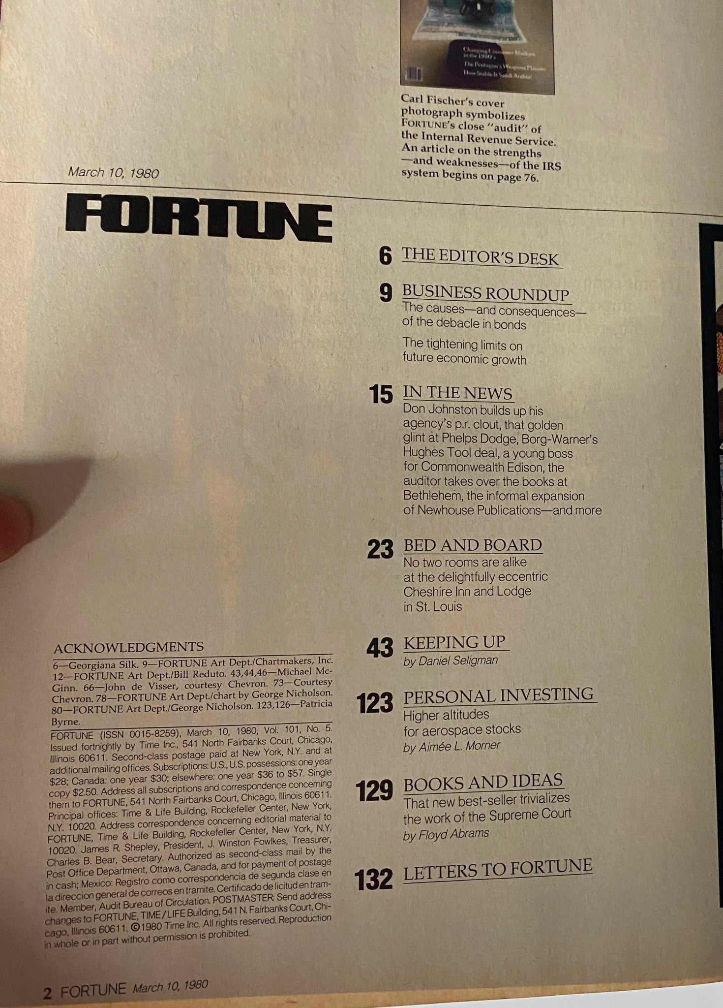 Table of contents from Fortune Magazine March 10, 1980, outlining articles on the IRS audit, business trends, and economic insights.