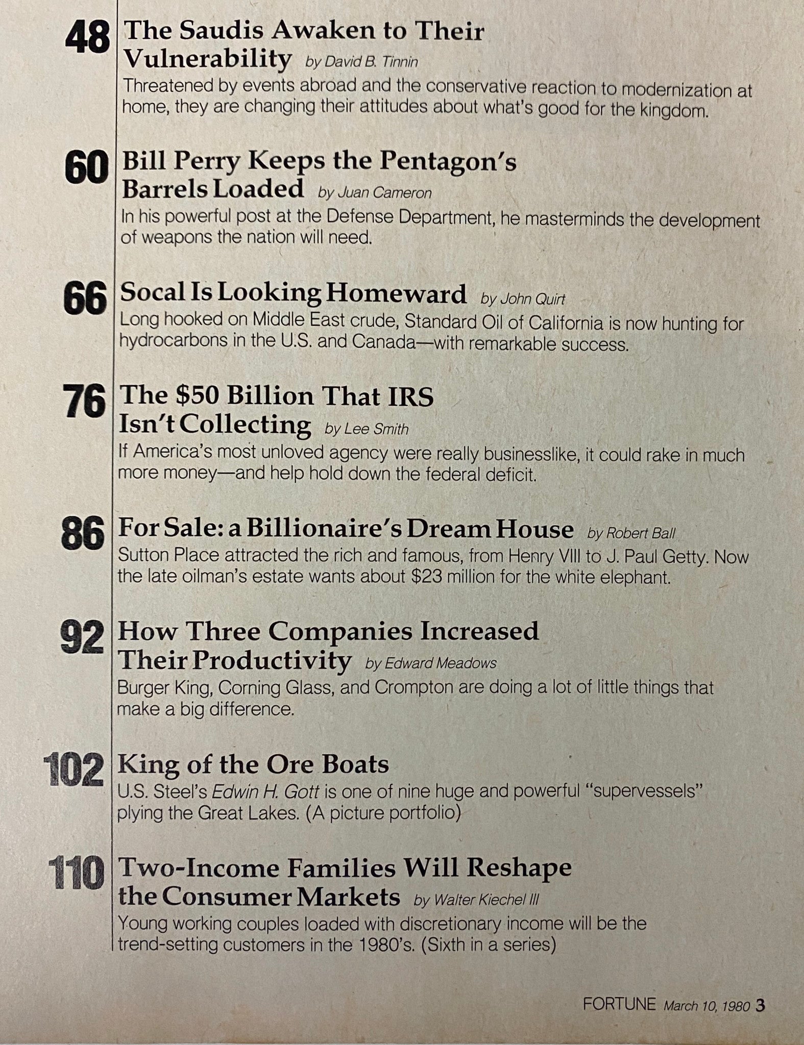 Table of contents from Fortune Magazine March 10, 1980, featuring notable articles such as 'The Saudis Awaken to Their Vulnerability' and 'The $50 Billion That IRS Isn’t Collecting'.