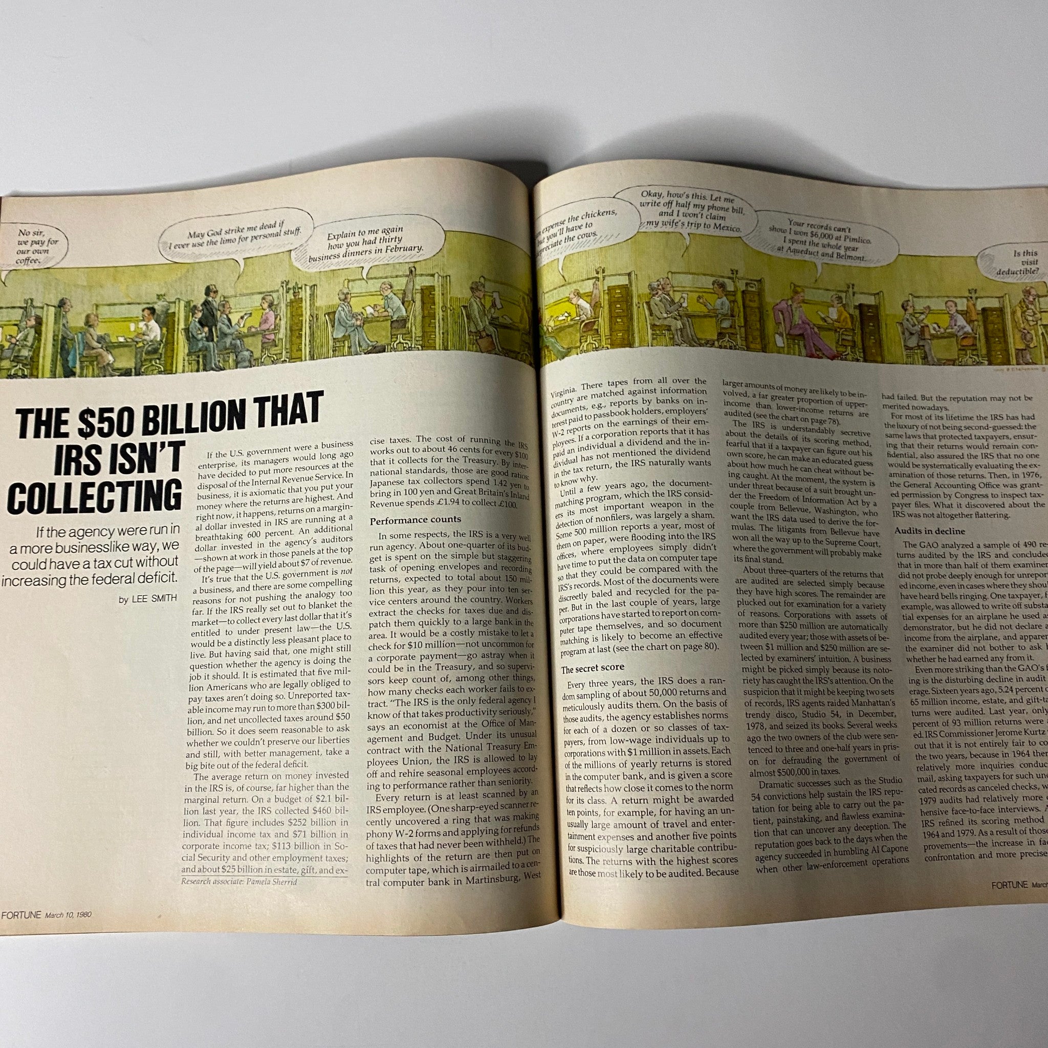 Article spread from Fortune Magazine March 10, 1980, detailing the IRS's challenges in tax collection titled 'The $50 Billion That IRS Isn’t Collecting'.