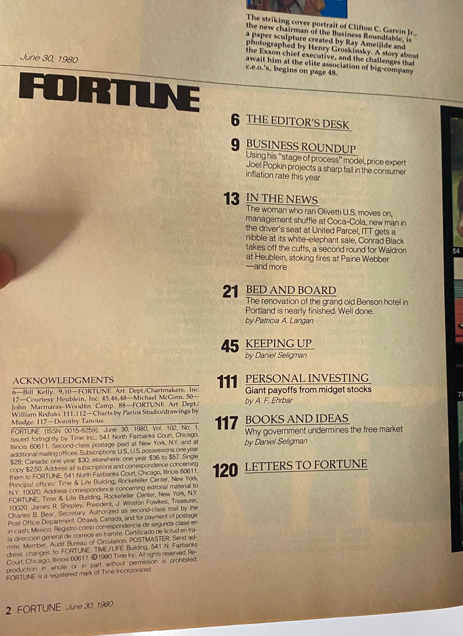 Inside page of Fortune Magazine, June 30, 1980, displaying the table of contents, including articles on business news and investing.