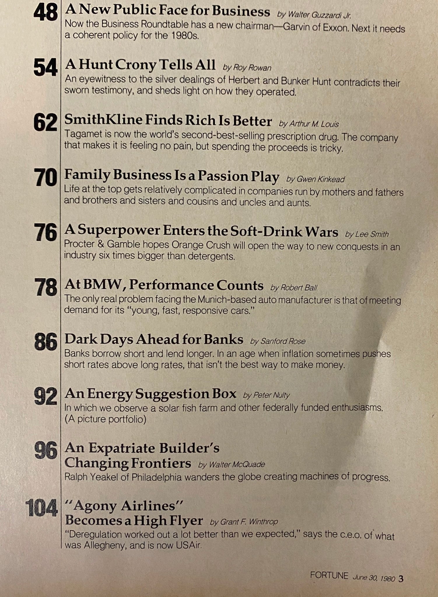 Table of contents from Fortune Magazine June 30, 1980, featuring various articles including insights on business issues and corporate strategies.