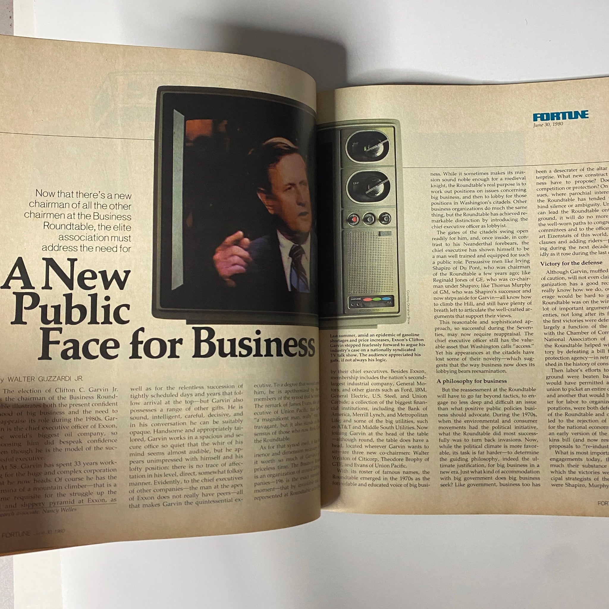 Article spread from Fortune Magazine June 30, 1980, titled 'A New Public Face for Business,' discussing Clifton C. Garvin Jr. and his role at the Business Roundtable.