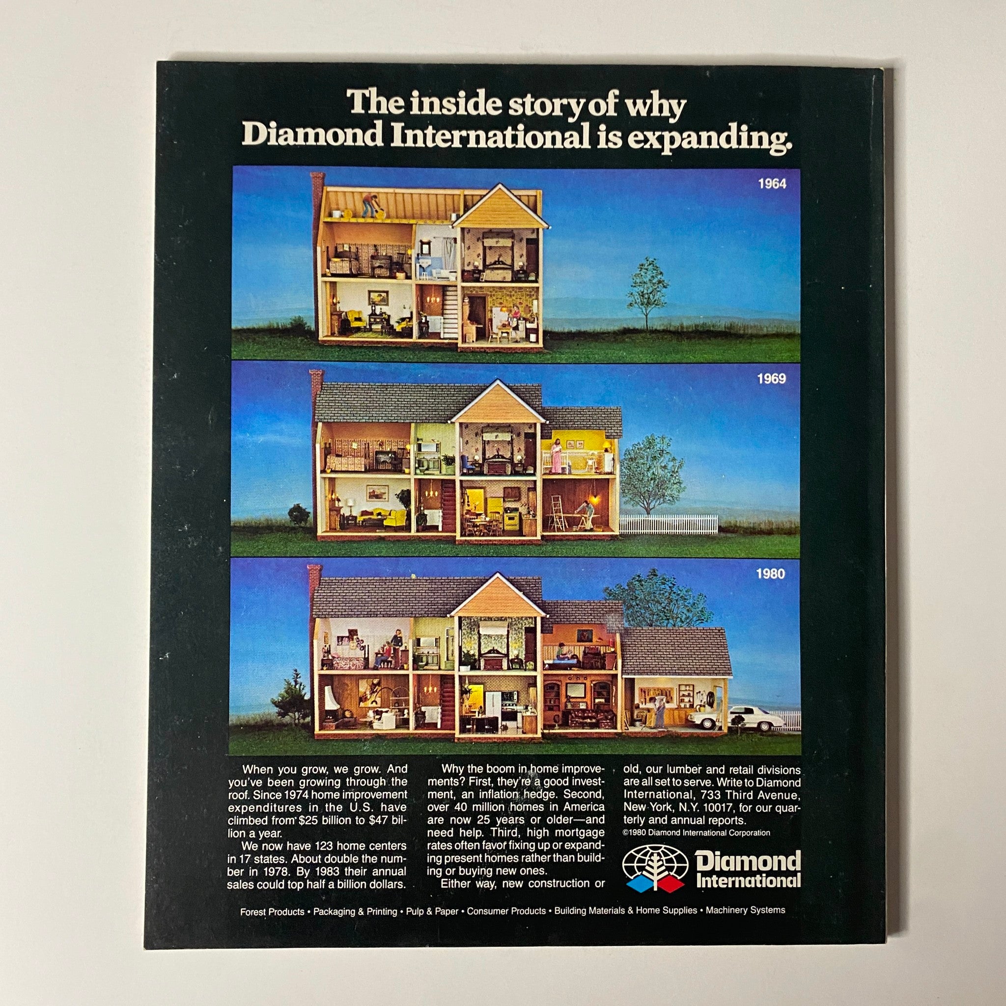 Back cover of Fortune Magazine June 30, 1980, showcasing an advertisement for Diamond International’s expansion and home improvement market.