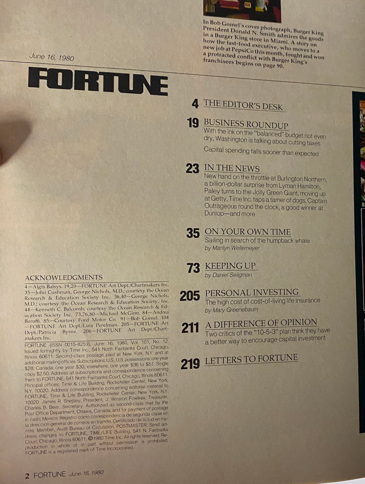 Interior page of Fortune Magazine June 16, 1980 displaying the table of contents, listing articles such as 'The Editor's Desk' and 'Business Roundup', showcasing topics relevant to the corporate landscape of the time.