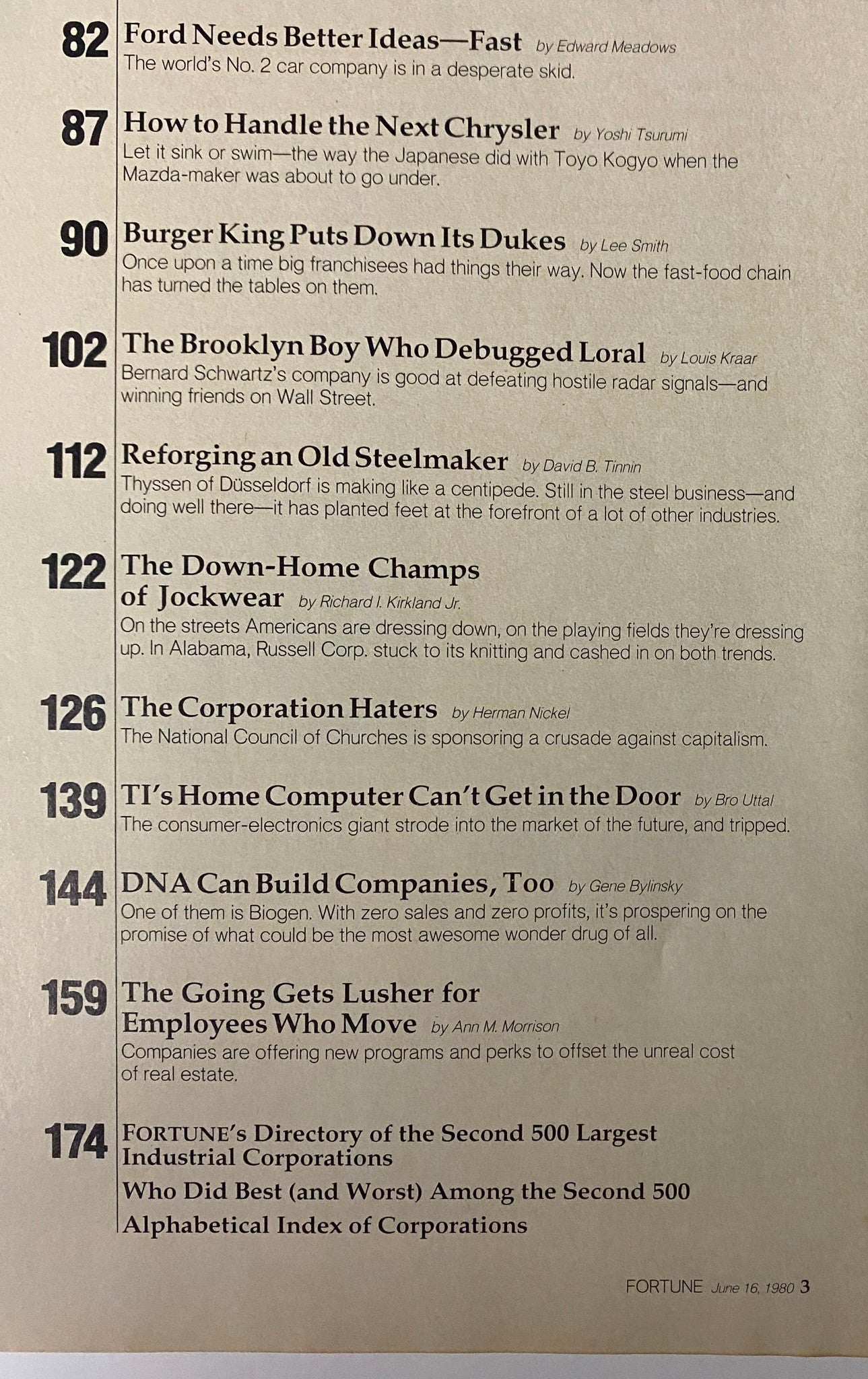 Contents page of Fortune Magazine June 16, 1980 featuring articles like 'Ford Needs Better Ideas—Fast' and 'The Brooklyn Boy Who Debugged Loral'. This vintage magazine showcases pivotal business insights from the late 1970s.
