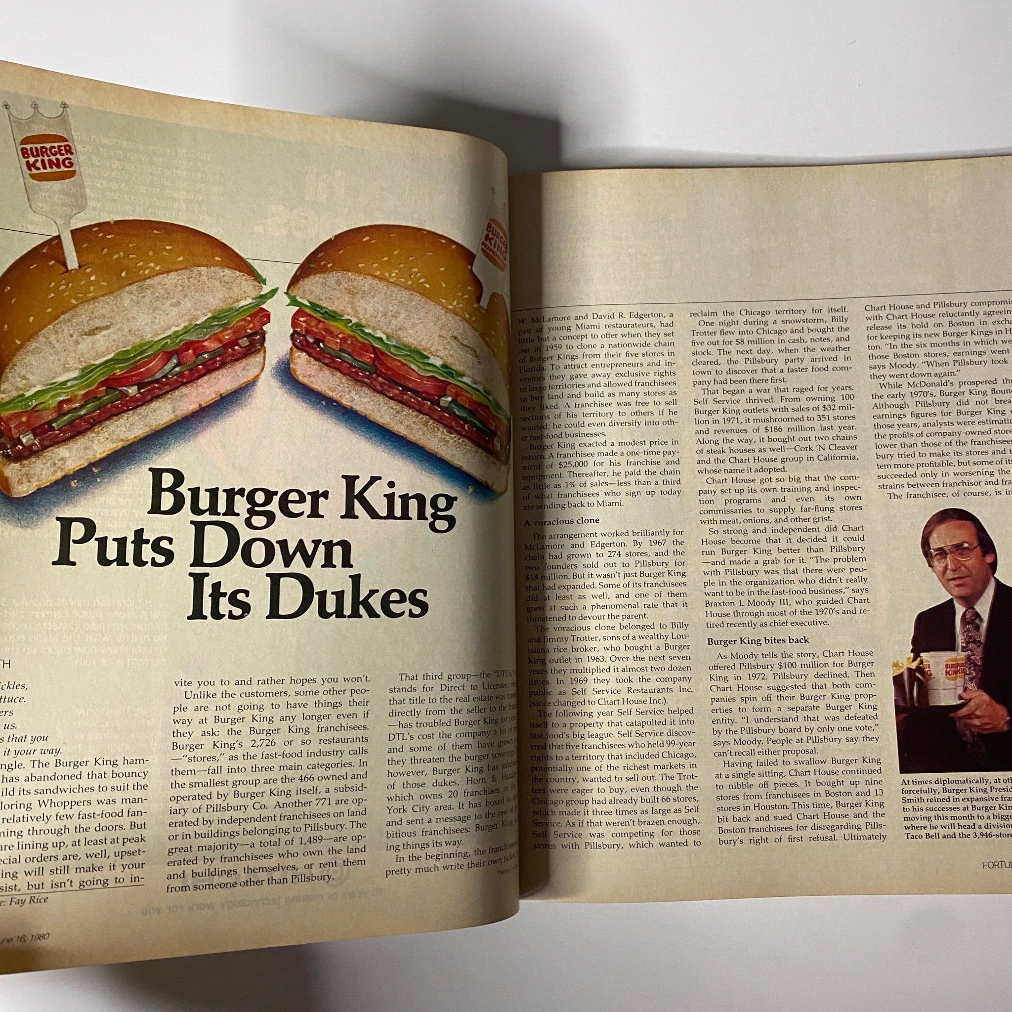Interior page of Fortune Magazine June 16, 1980 highlighting the article 'Burger King Puts Down Its Dukes' with an image of a burger. This vintage magazine captures significant corporate movements and consumer trends.
