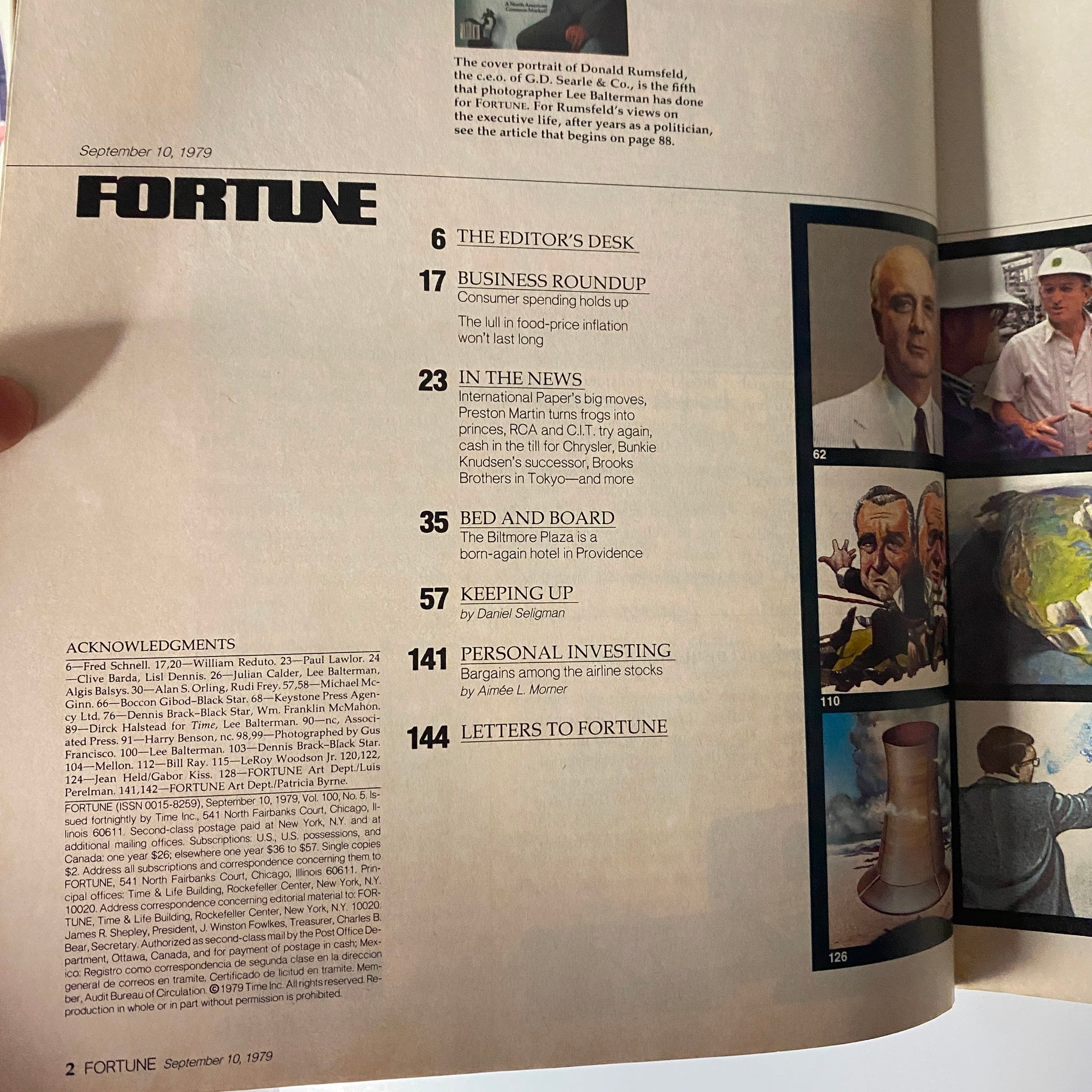 Table of contents page from Fortune Magazine, September 10, 1979, listing article topics including business roundups and notable stories from the era.