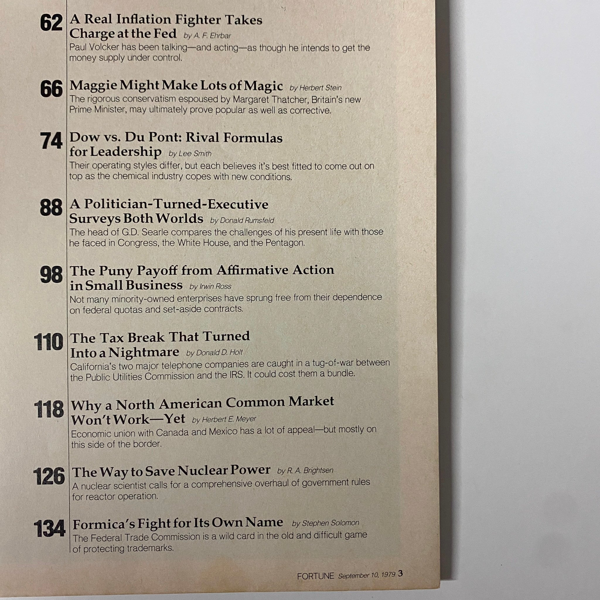 Page from Fortune Magazine, dated September 10, 1979, featuring article titles such as 'A Politician-Turned-Executive Surveys Both Worlds' by Donald Rumsfeld, emphasizing corporate and political analysis.