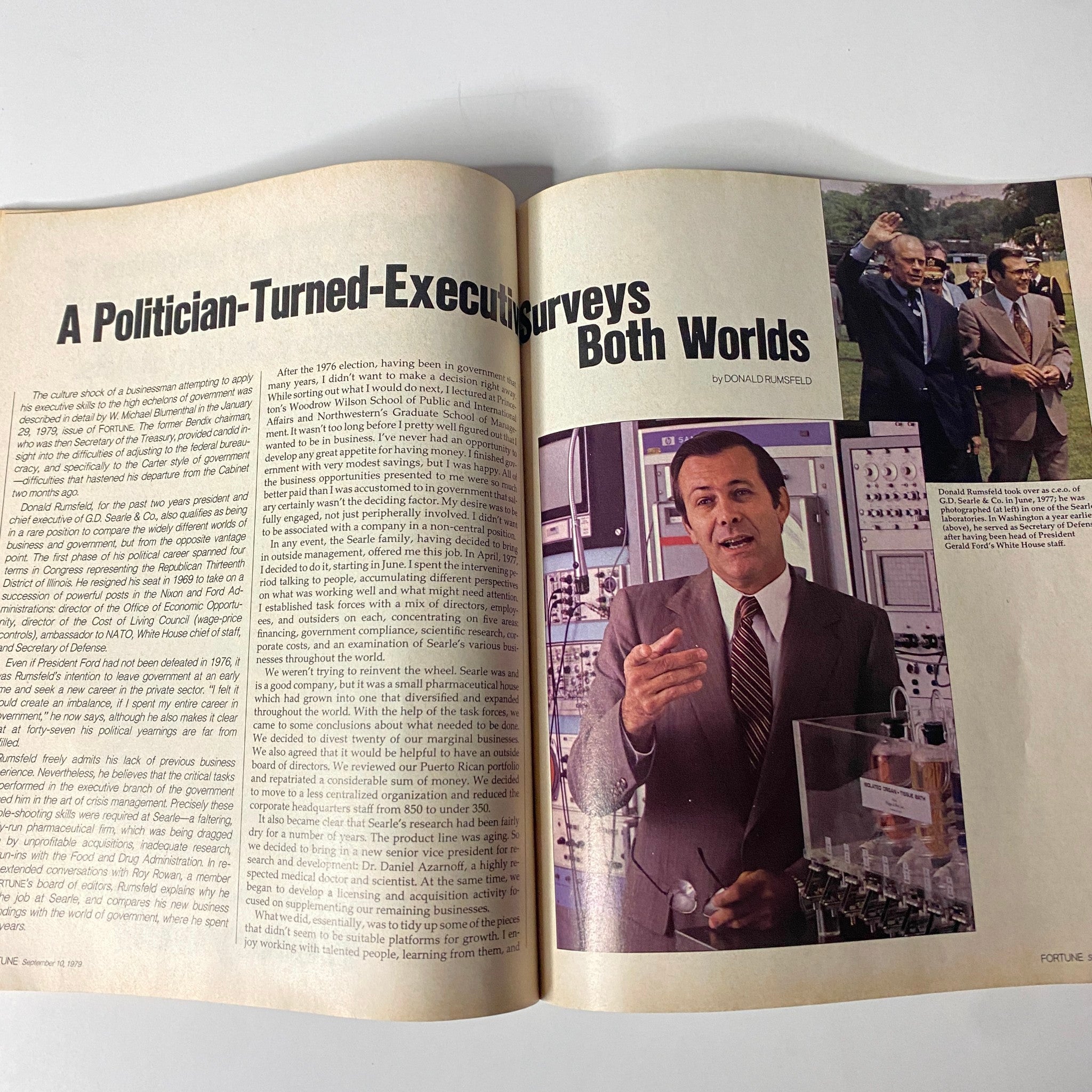 Interior page of Fortune Magazine, September 10, 1979, highlighting the article 'A Politician-Turned-Executive Surveys Both Worlds' by Donald Rumsfeld, with accompanying image of Rumsfeld in a corporate setting.