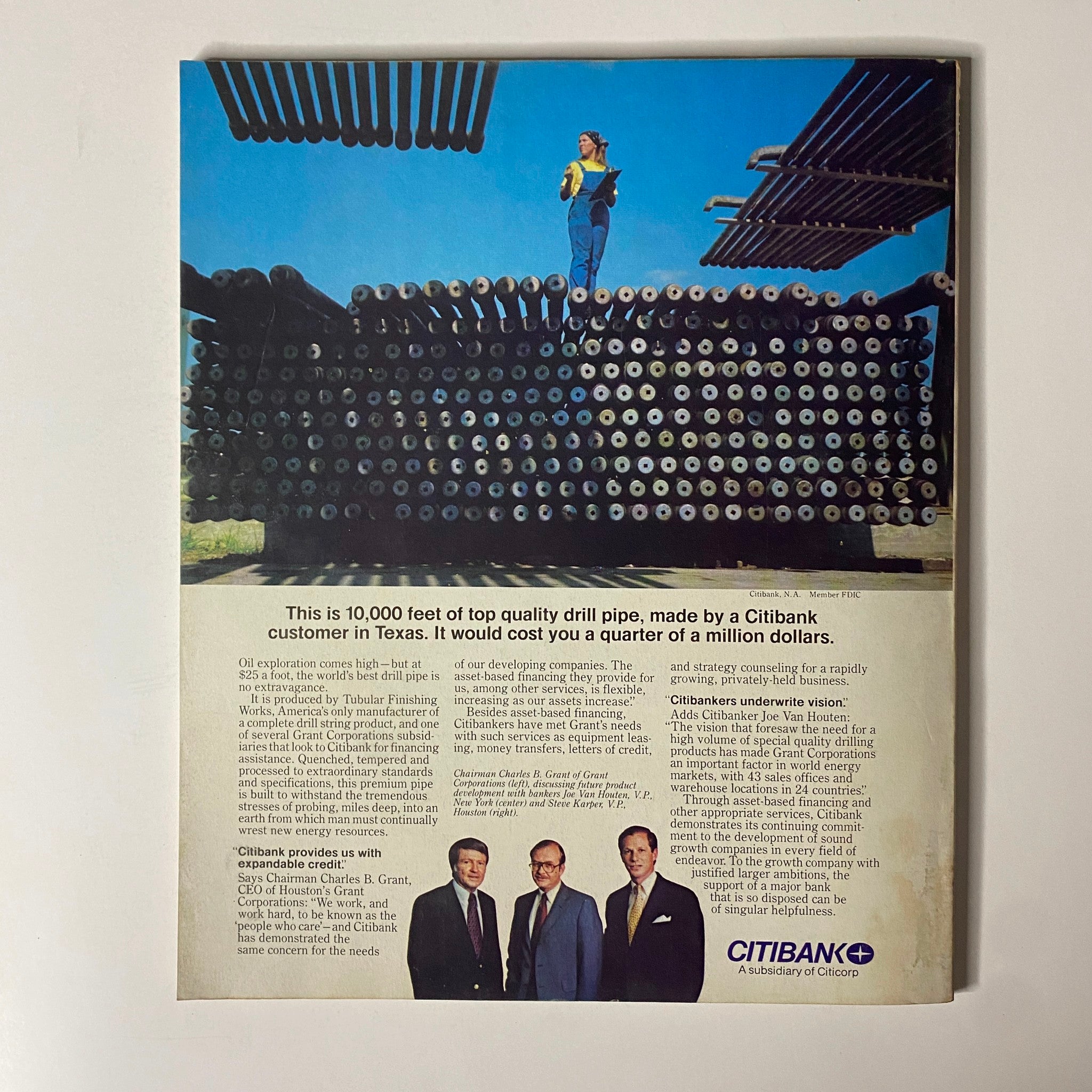 Fortune Magazine September 10, 1979, features an advertisement showcasing 10,000 feet of top quality drill pipe produced for Citibank, displaying a worker on top of stacked pipes, highlighting oil exploration costs. The ad emphasizes the premium quality and financial services of Citibank, relevant to the magazine's exploration of corporate and political themes.