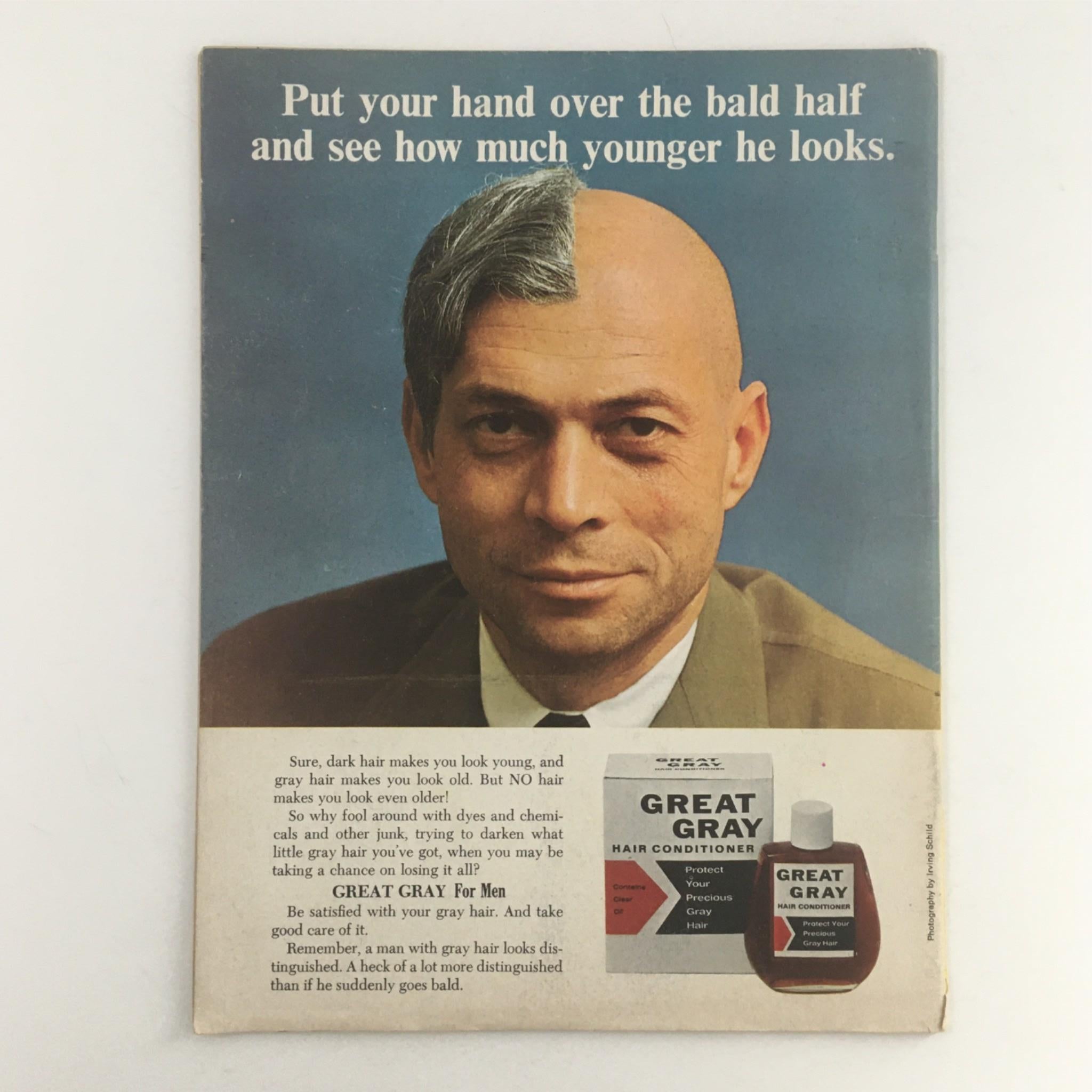 Back cover of Mad Magazine July 1967 No. 112 featuring an advertisement for Great Gray hair conditioner with a man showcasing a humorous before-and-after proposition of hair color, contributing to the vintage appeal of the magazine.