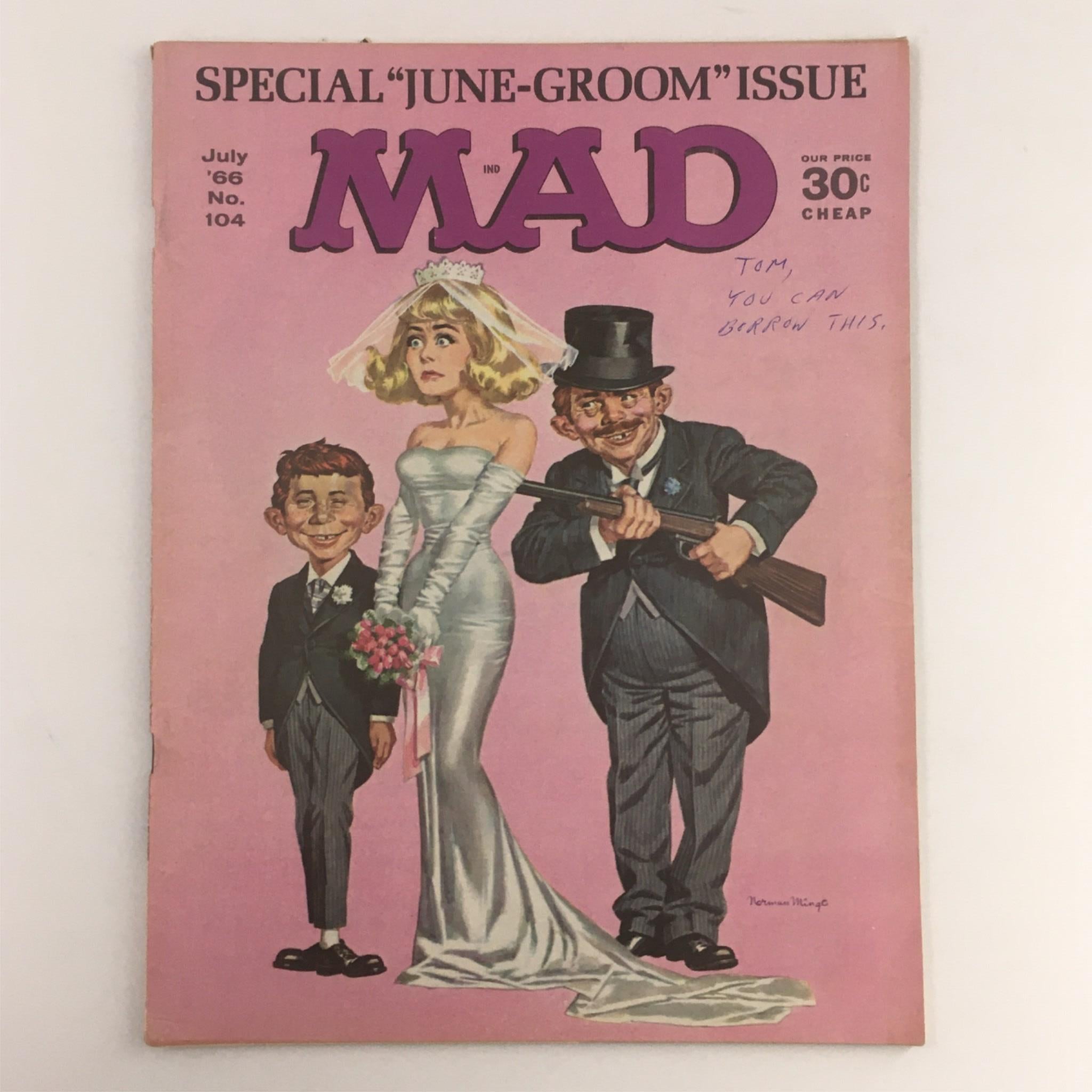 Cover of Mad Magazine July 1966 No. 104 June-Groom Issue featuring a comedic illustration of a bride, groom, and a character in a tuxedo.